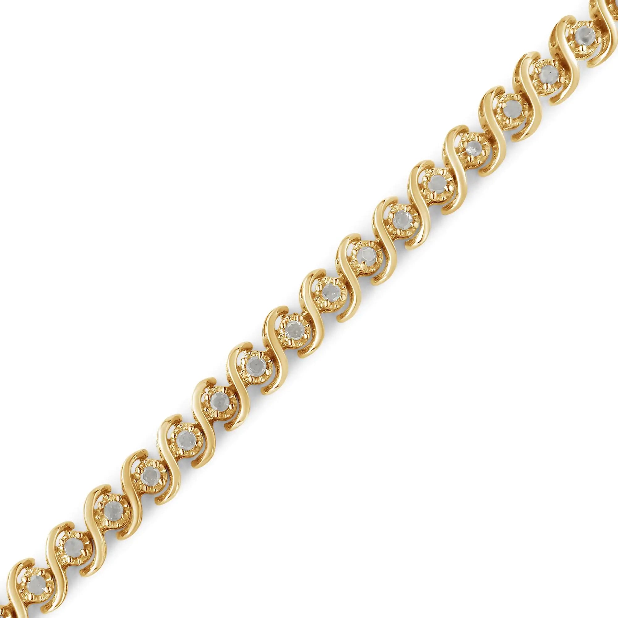 10K Yellow Gold over .925 Sterling Silver 1.0 Cttw Round Miracle-Set Diamond 7" Tennis Bracelet (I-J Color, I3 Clarity) - Evallys.com # #