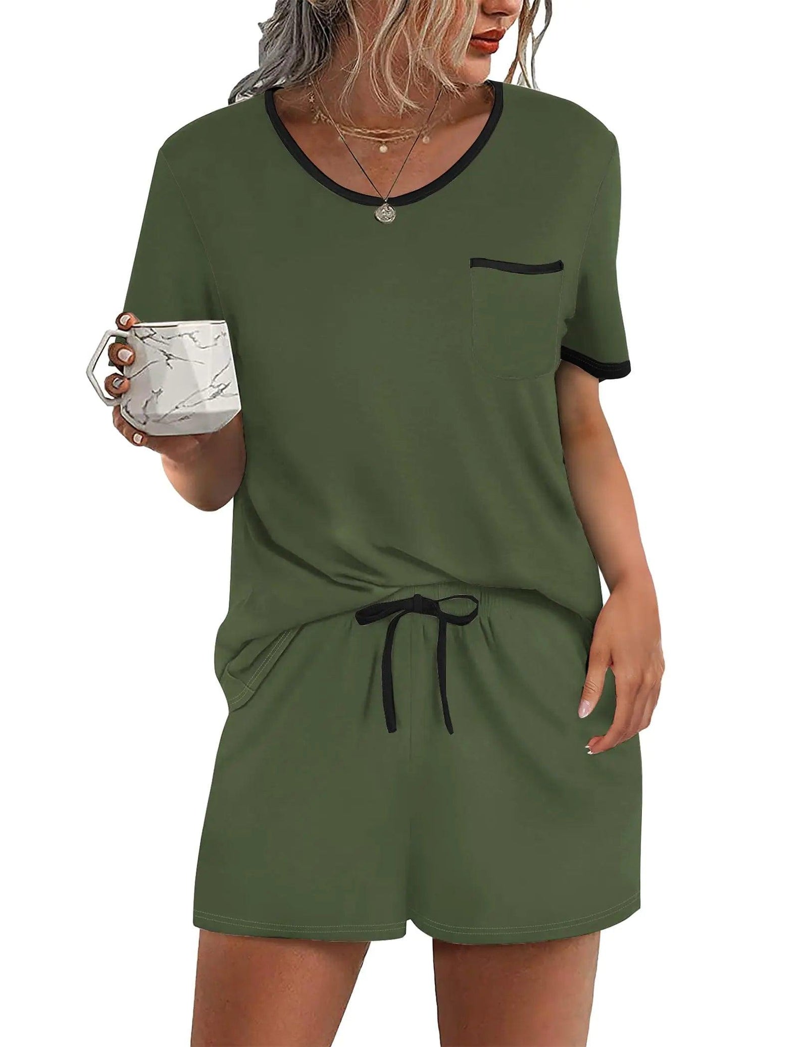 Ekouaer Pajama Set for Women 2 Piece Lounge Set Short Sleeve Tops and Shorts Soft Sleepwear, Chest Pocket X-Large Army Green - Evallys.com # #