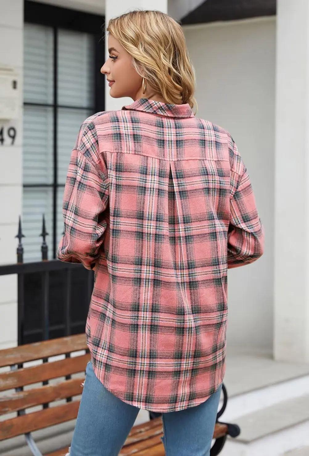 Lacozy Womens Buffalo Plaid Flannel Shirt Long Sleeve Collar Button Down Blouses Tops C0 Pink Medium - Evallys.com # #