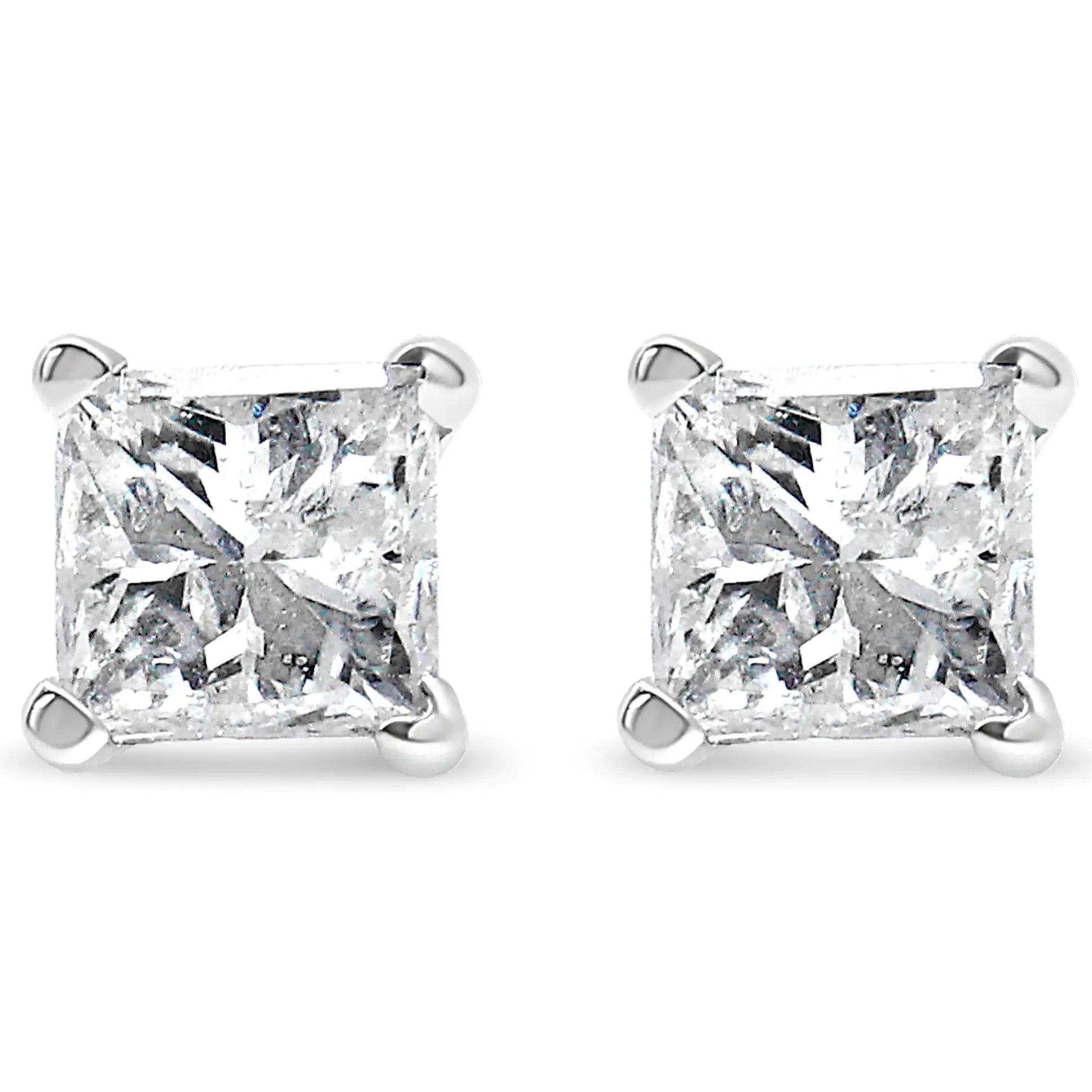 14K White Gold 3/8 Cttw Princess-Cut Square Diamond Classic 4-Prong Solitaire Stud Earrings(H-I, I1-I2) - Evallys.com # #