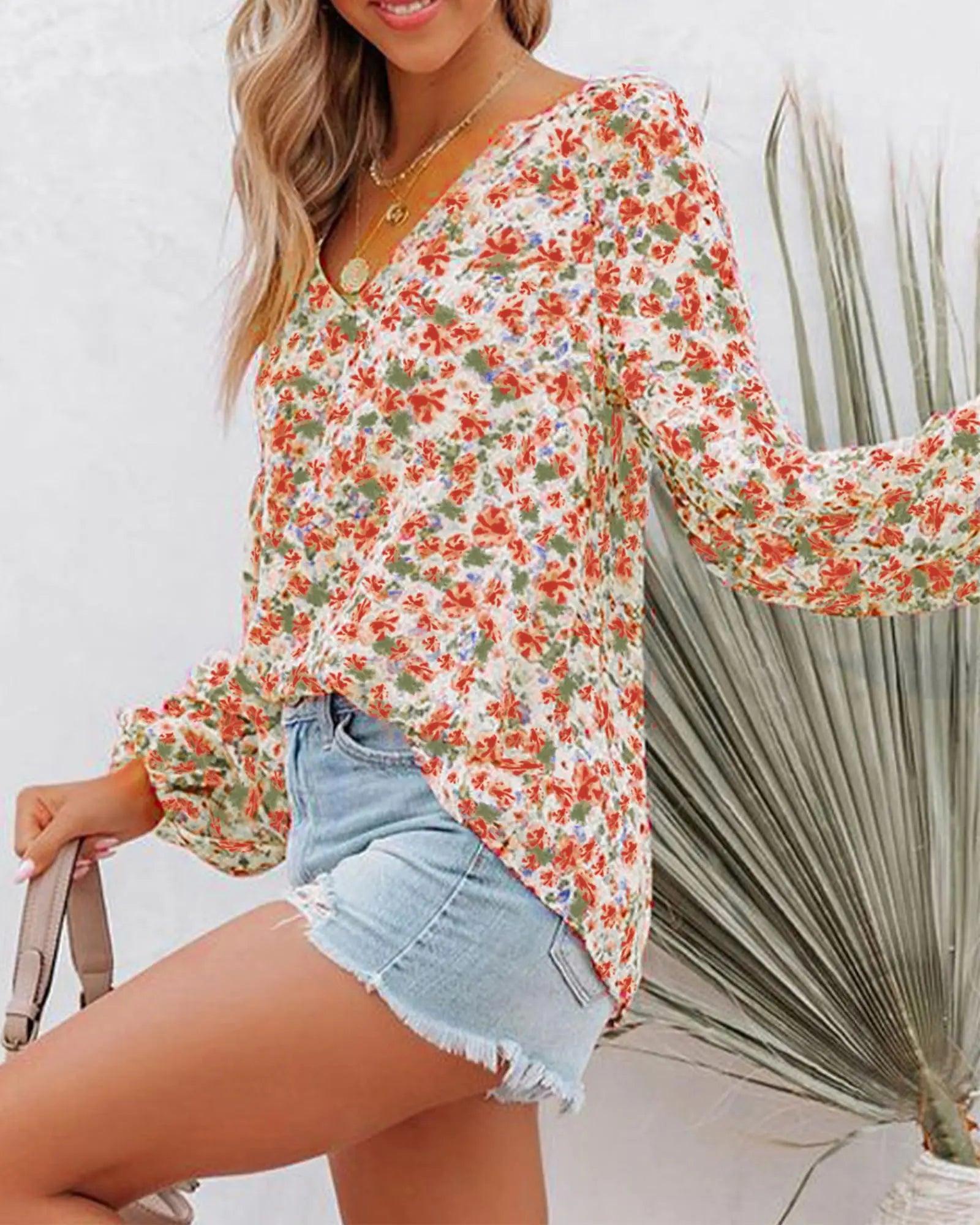 BTFBM Women Casual Boho Blouse Fashion Floral Shirts V Neck Long Puff Sleeve Lightweight Chiffon Summer Fall Tops 2024 Floral Orange Large - Evallys.com # #