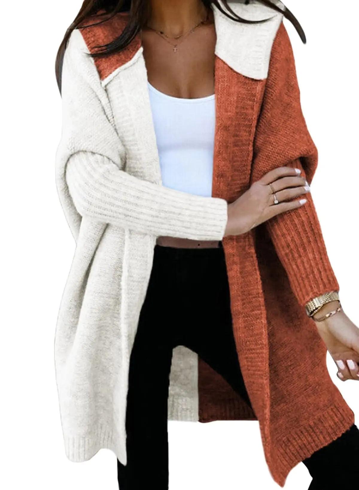 Astylish Women 2024 Open Front Long Sleeve Hooded Knit Cardigan Sweaters Color Block Outwear Coat Medium Brown - Evallys.com # #