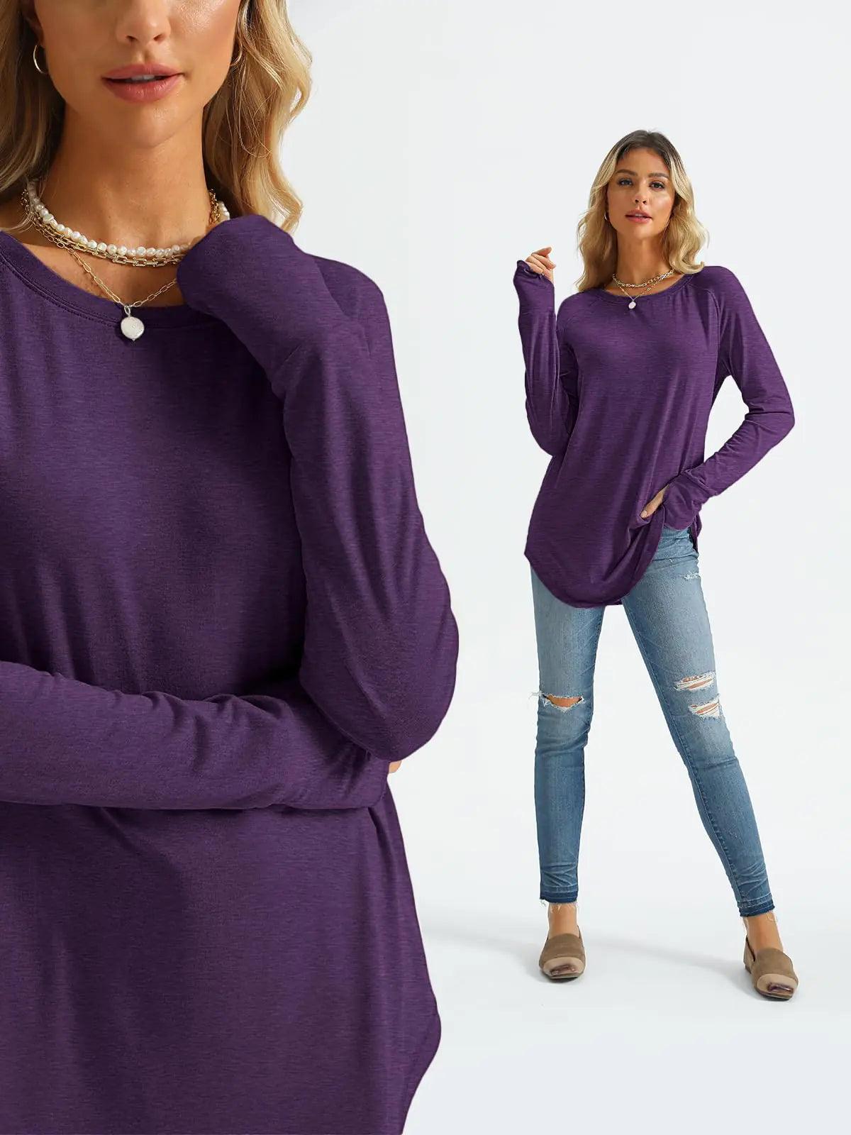 AUTOMET Womens Long Sleeve Shirts Crew Neck Casual Tshirts Fall Fashion Tops Loose Fit Lightweight Y2k Outfits Clothes Purple Small - Evallys.com # #