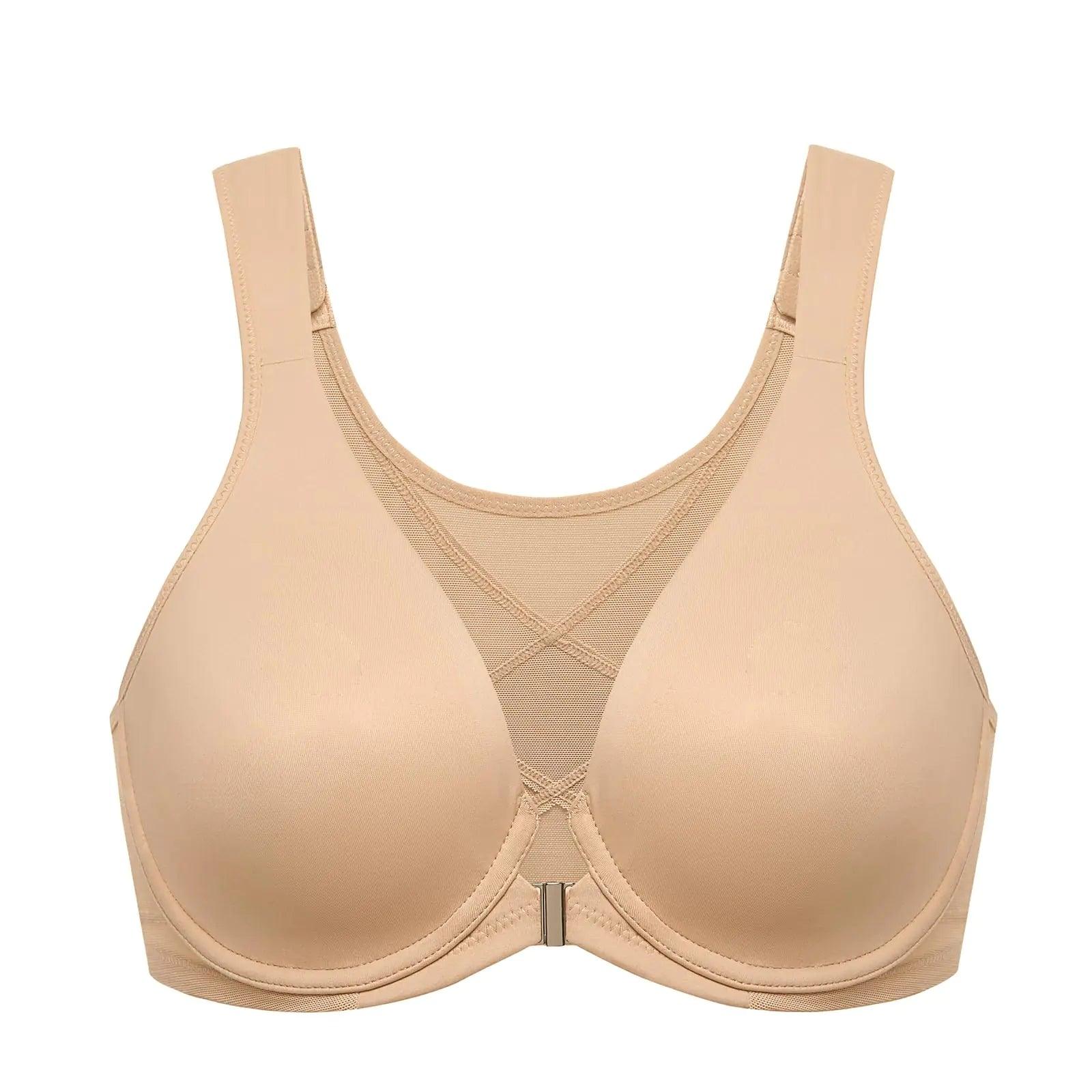 DELIMIRA Women's Front Closure Bras Posture Full Coverage Plus Size Underwire Unlined Back Support Plunge Seamless Bra B-H 36D Warm Beige - Evallys.com # #