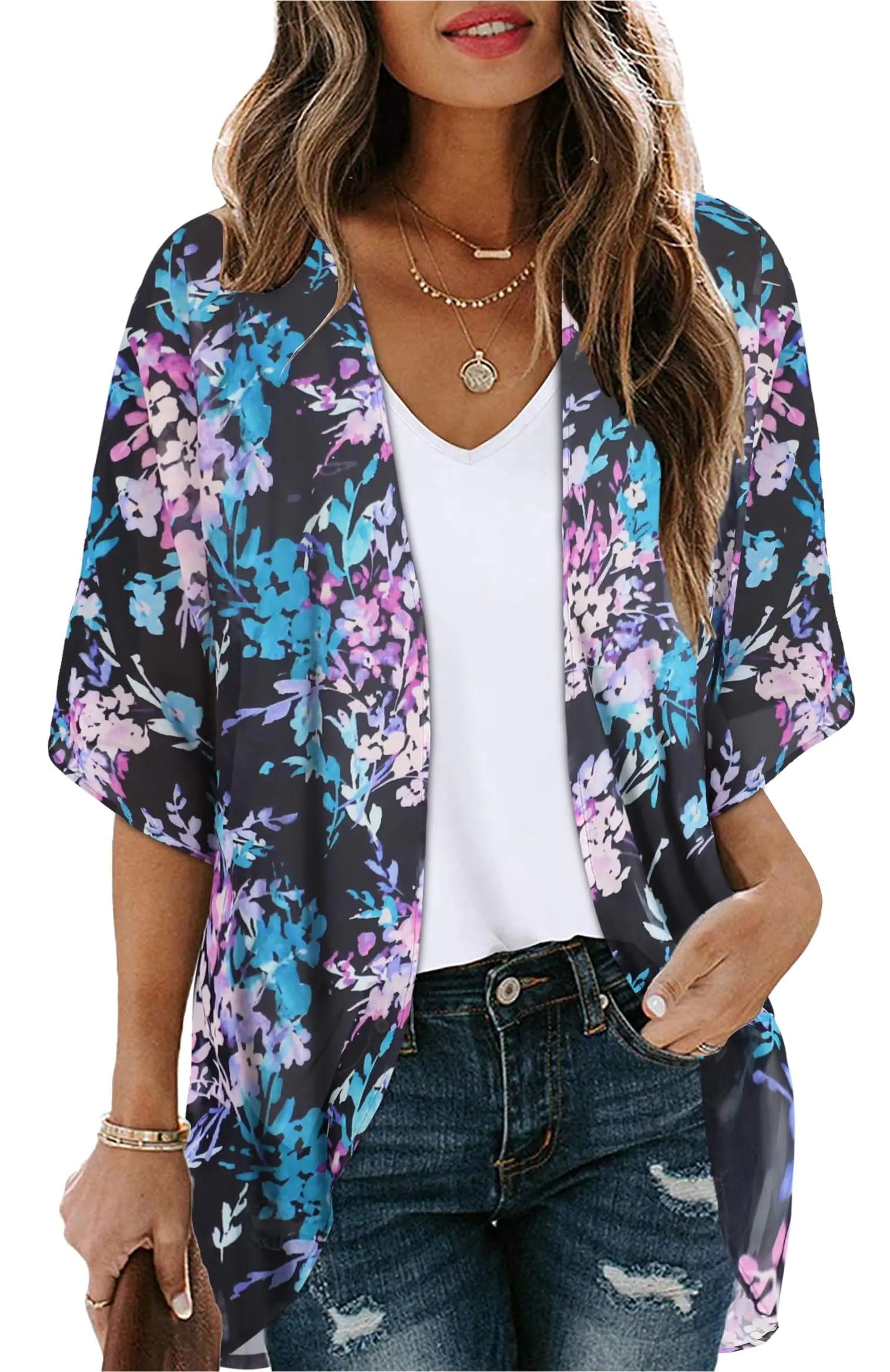 Women's Floral Print Puff Sleeve Kimono Cardigan Loose Cover Up Casual Blouse Tops Small Orange Black - Evallys.com