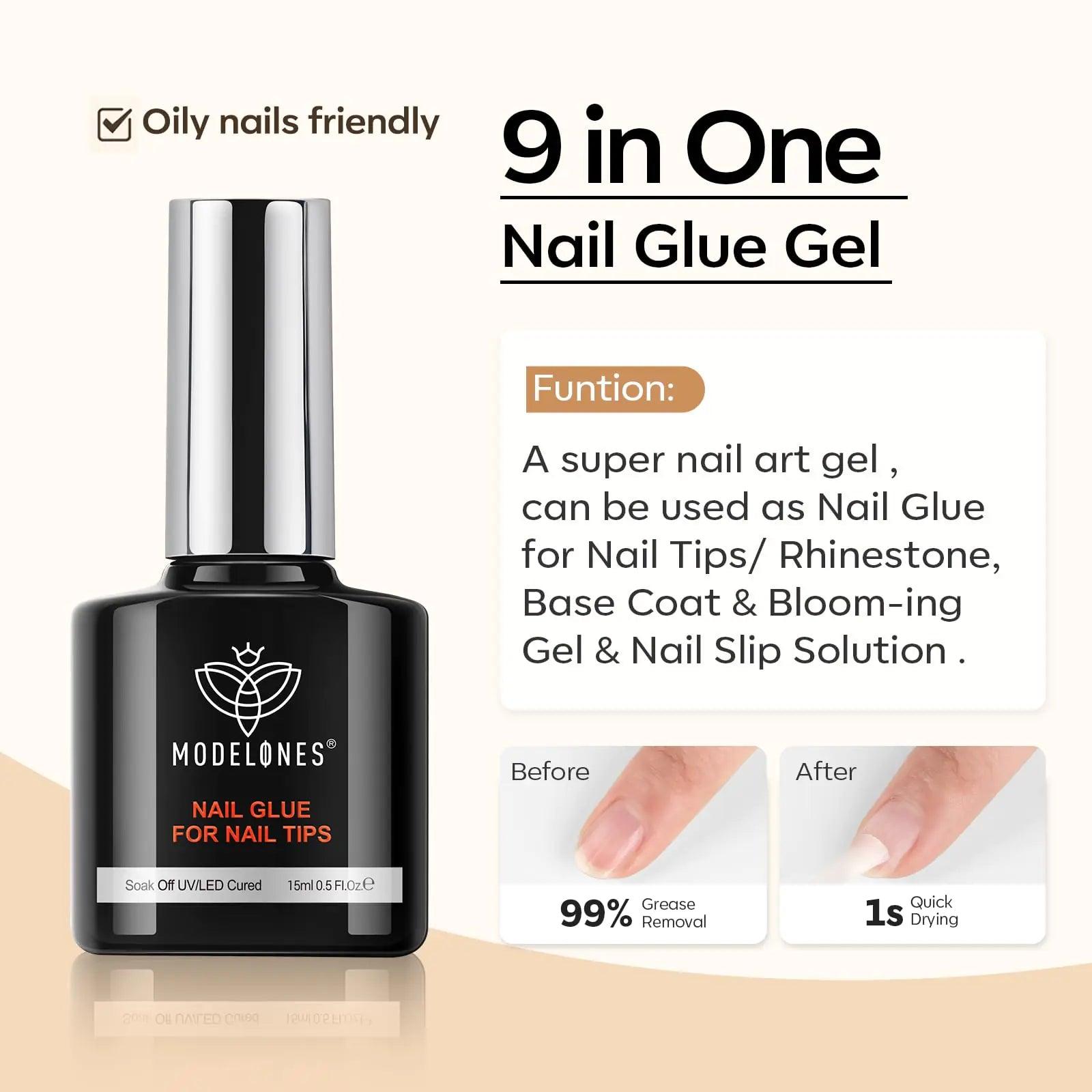 modelones 9 in One Nail Glue with Gel Top and Base Coat Gel Nail Kit, No Wipe Base Coat Long Lasting Glossy Top Coat 3Pcs Gel Nail Glue for Nail Tips, Blooming Gel, Rhinestone Glue A2-3pcs Nail Glue - Evallys.com # #