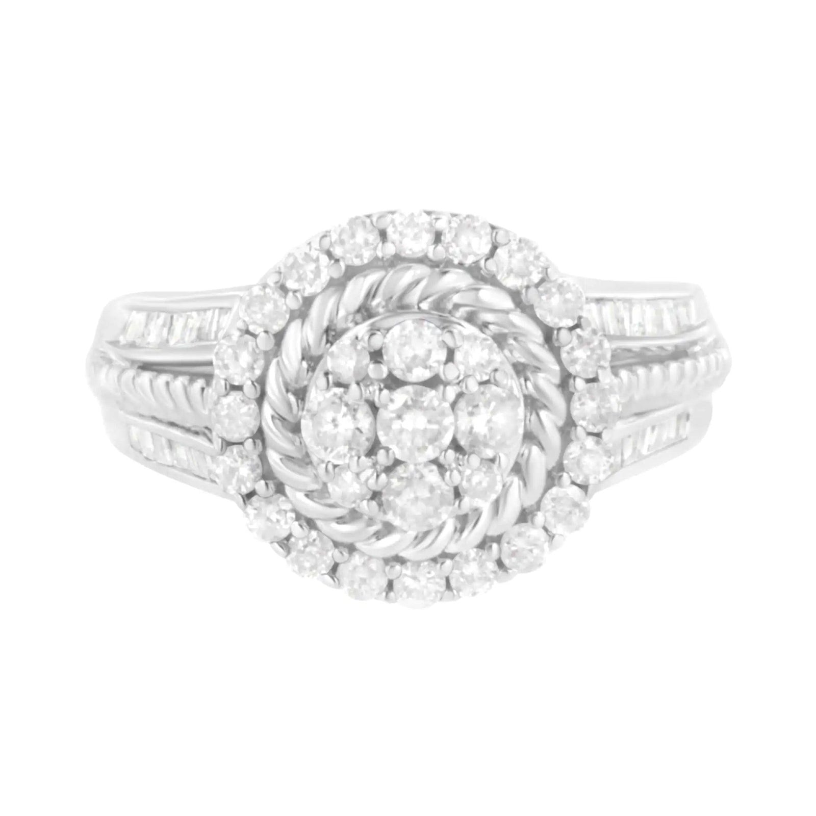 .925 Sterling Silver 1 cttw Baguette and Round-Cut Diamond Halo and Lariat Cocktail Floral Ring (H-I Color, I2-I3 Clarity) - Evallys.com # #