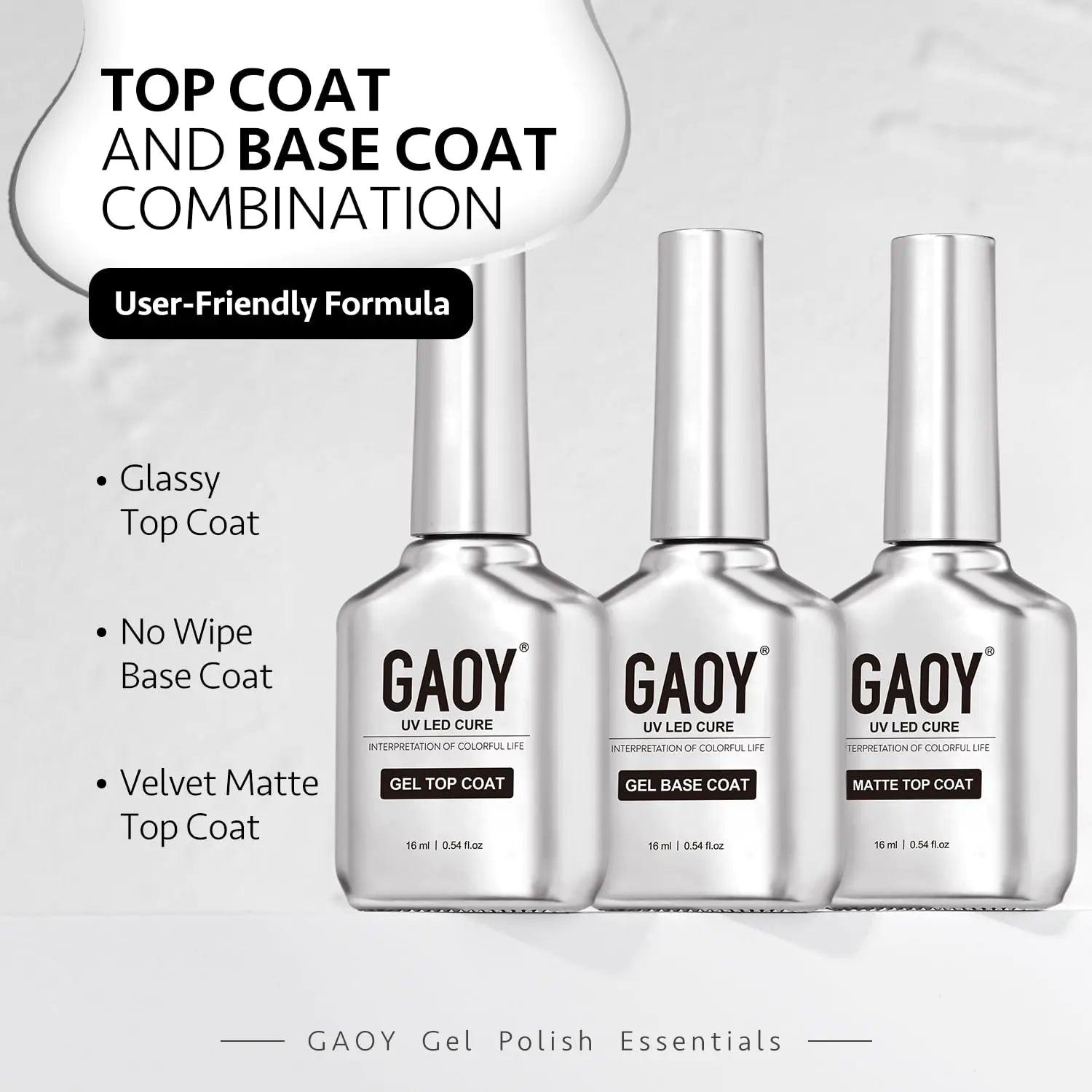 GAOY Gel Top Coat, Matte Top Coat and Base Coat Set, 3 Pcs 16ml Glossy Matte No Wipe Combination for UV Light Cure Gel Nail Polish - Evallys.com # #