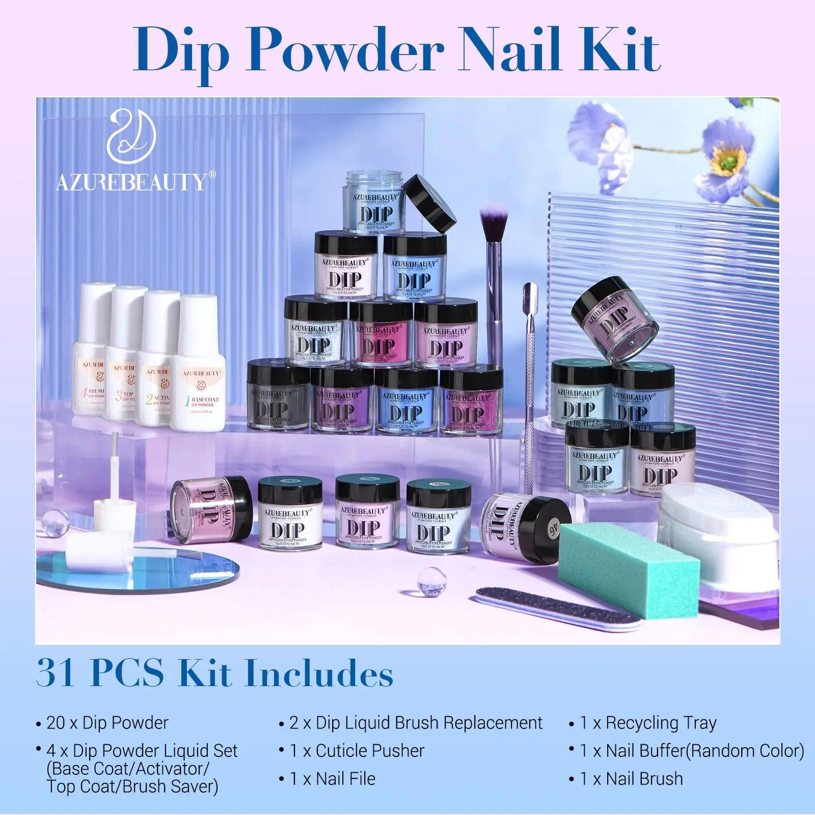 AZUREBEAUTY Dip Powder Nail Kit Starter, 20 Colors Purple Blue Glitter Dipping Powder Recycling Tray Essential Liquid Set Base Top Coat Activator French Dip Nails Art Manicure Beginner Salon 31 Pcs Dark Purple Navy Blue Violet - Evallys.com # #