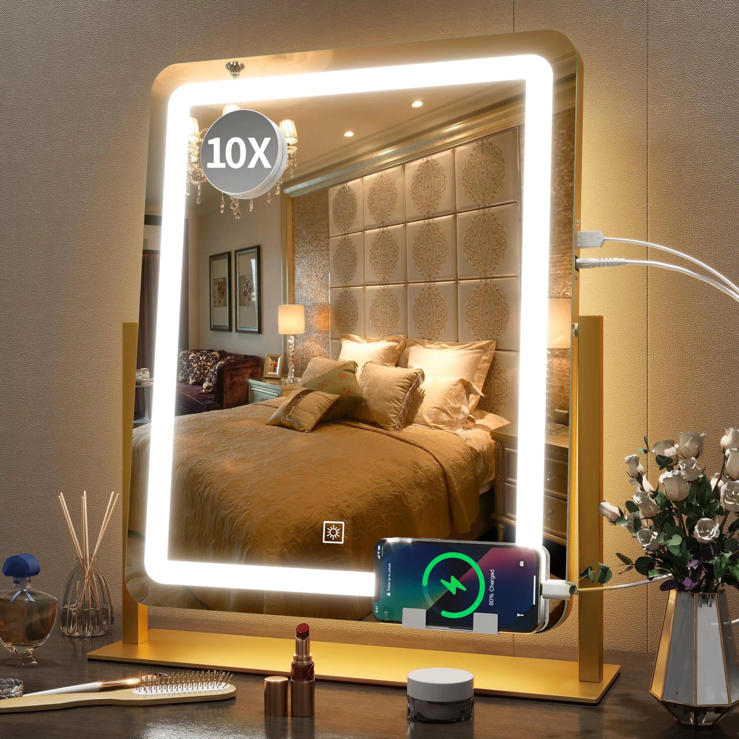 FENNIO Vanity Mirror with Lights 22 Inch- LED Lighted Makeup Mirror,Large Makeup Mirror with Lights,Touch Screen with 3-Color Lighting,Led Mirror Makeup,Dimmable(Gold) Gold 19"x22" - Evallys.com # #