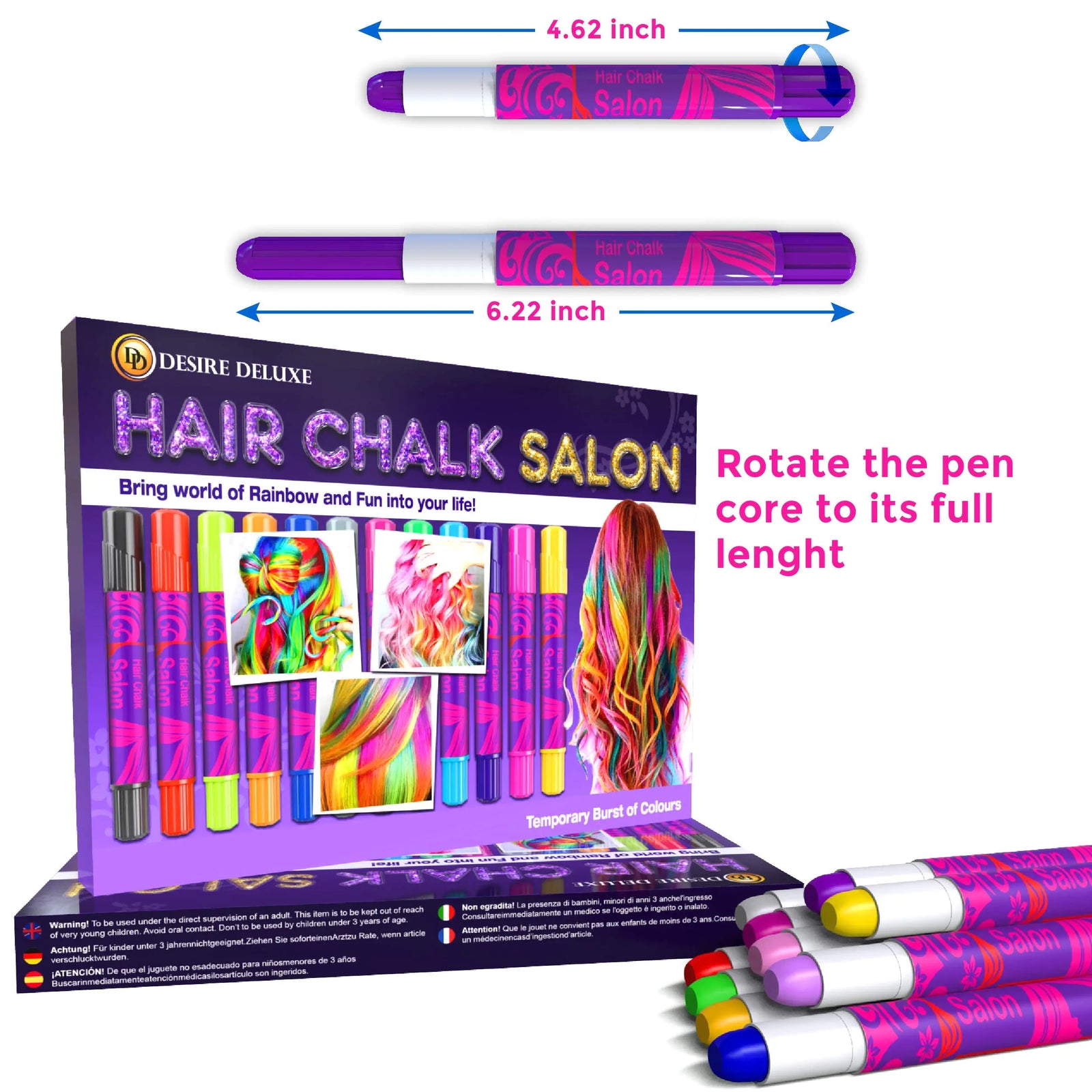 Desire Deluxe Hair Chalk for Girls Makeup Kit of 10 Temporary Colour Pens Gifts, Great Toy for Kids Age 5 6 7 8 9 10 11 12 13 Years Old, 