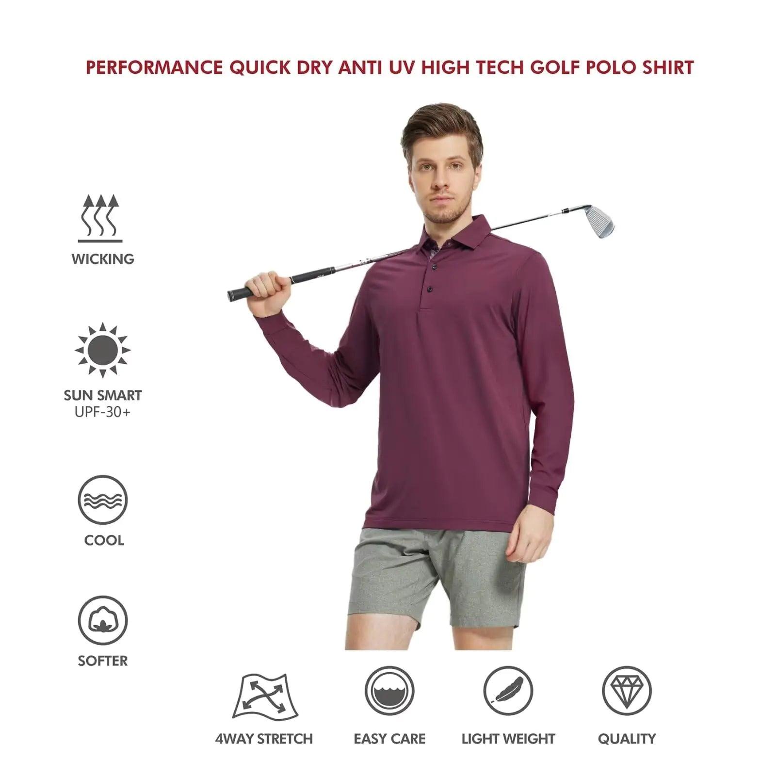 Mens Polo Shirts Short and Long Sleeve Casual Solid Stylish Dry Fit Performance Designed Collared Golf Polo Shirts for Men Medium Bordeaux Red-long - Evallys.com # #