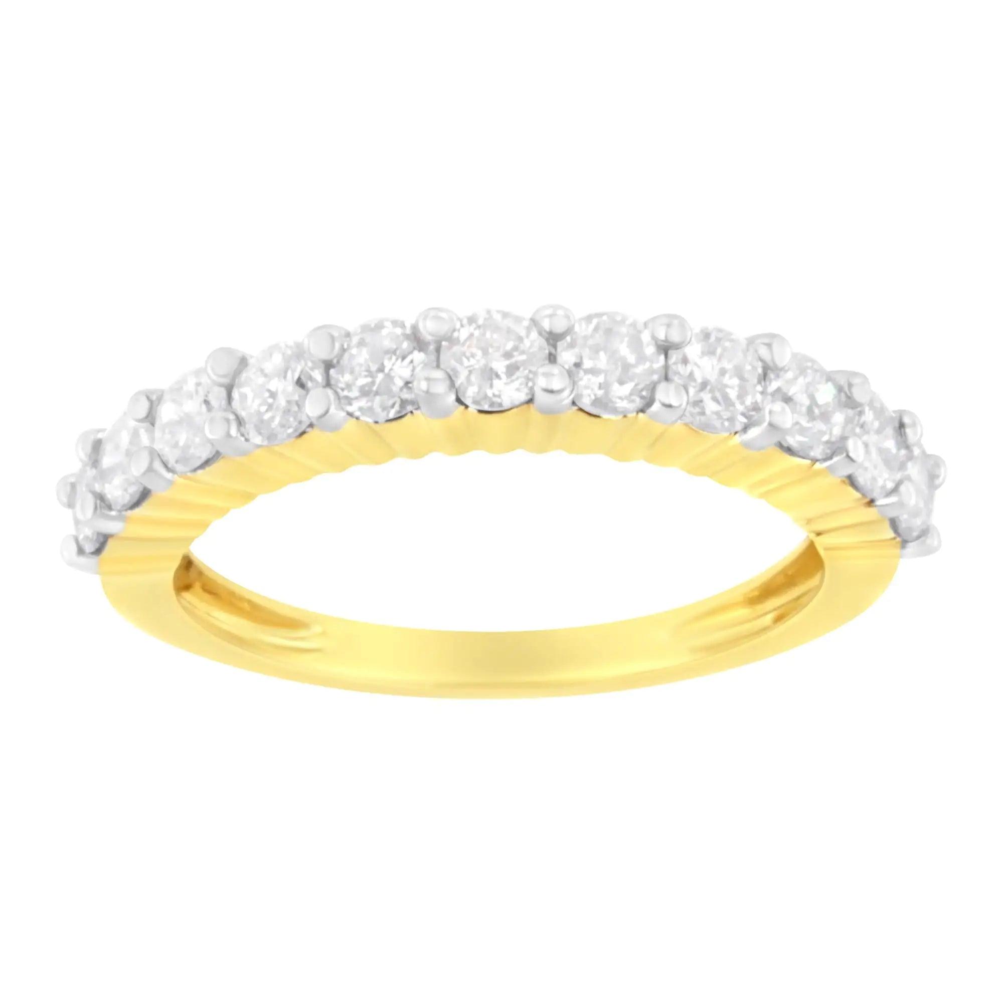 IGI Certified 14K Yellow Gold Plated .925 Sterling Silver 1.0 cttw Shared Prong Set Brilliant Round-Cut Diamond 11 Stone Band Ring (J-K Color, SI1-SI2 Clarity) - Evallys.com # #