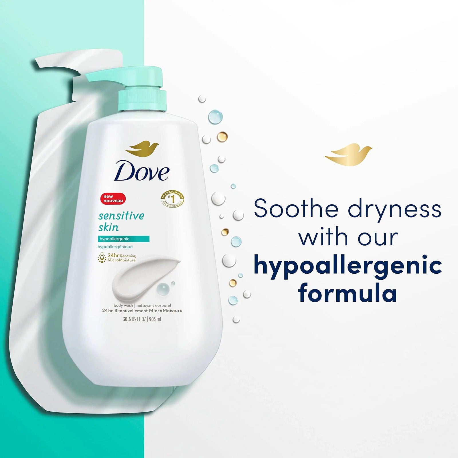 Dove Body Wash 3 Count with Pump Sensitive Skin Hypoallergenic, Paraben-Free, Sulfate-Free, Cruelty-Free, Moisturizing Skin Cleanser Effectively Washes Away Bacteria While Nourishing Skin 30.6 oz Fragranced 30.6 Fl Oz (Pack of 3) - Evallys.com # #