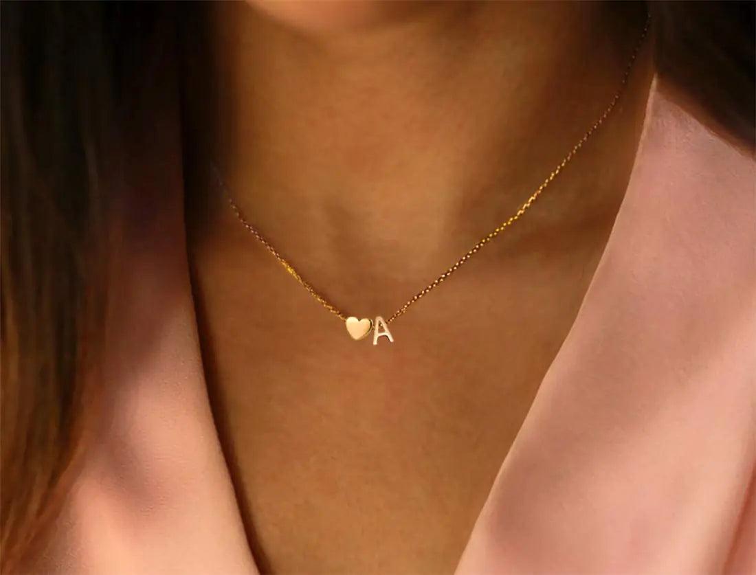 Glimmerst Initial Heart Necklace,18K Gold Plated Stainless Steel Tiny Heart Letter Necklace Personalized Monogram Name Necklace for Women R - Evallys.com # #