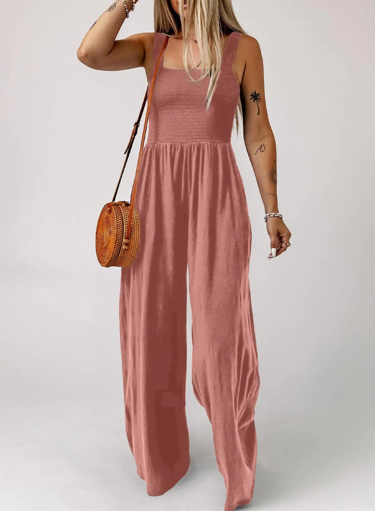 Dokotoo Women's Casual Loose Overalls Jumpsuits One Piece Sleeveless Wide Leg Long Pant Rompers With Pockets X-Small Rose Pink - Evallys.com # #