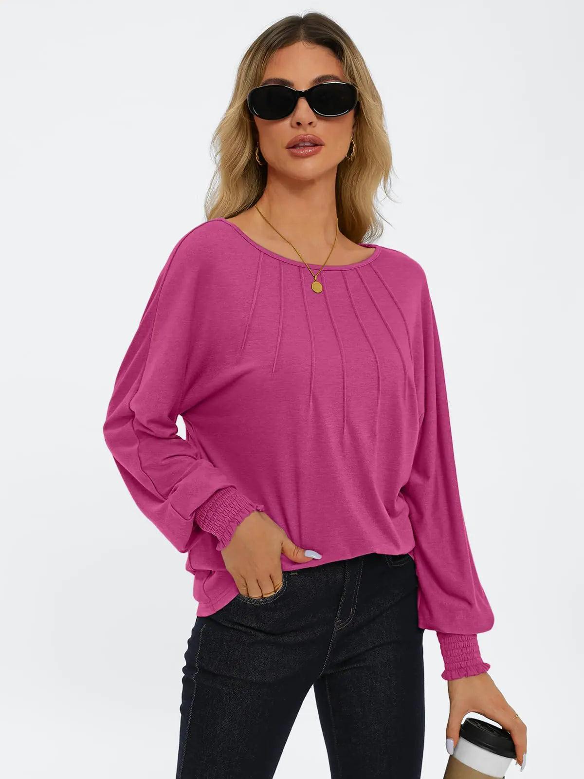 AUTOMET Womens Fall Fashion Long Sleeve Shirts Fall Tops Pleated Shirts Casual Loose Dressy Basic Trendy Clothes 2024 Hot Pink Large - Evallys.com # #