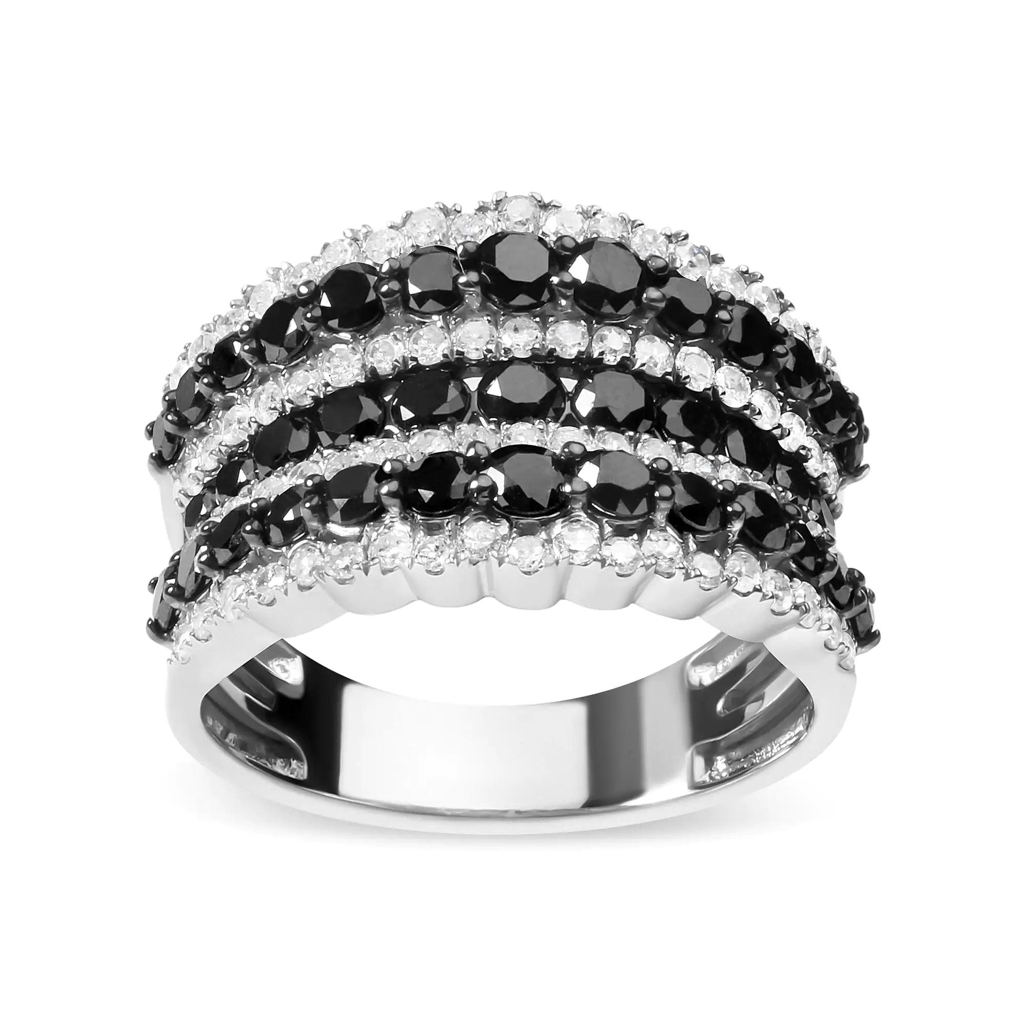 .925 Sterling Silver 1 3/4 Cttw Treated Black and White Alternating Diamond Multi Row Band Ring (Black / I-J Color, I2-I3 Clarity) - Evallys.com # #