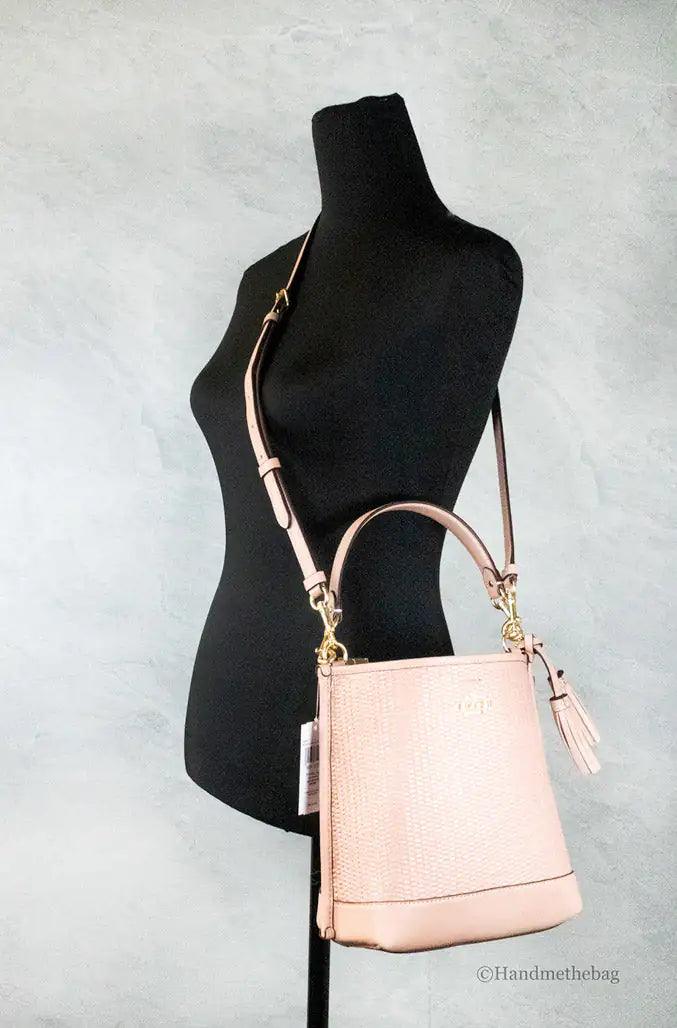 Coach Mollie 22 Shell Pink Straw Leather Bucket Crossbody - Evallys.com # #