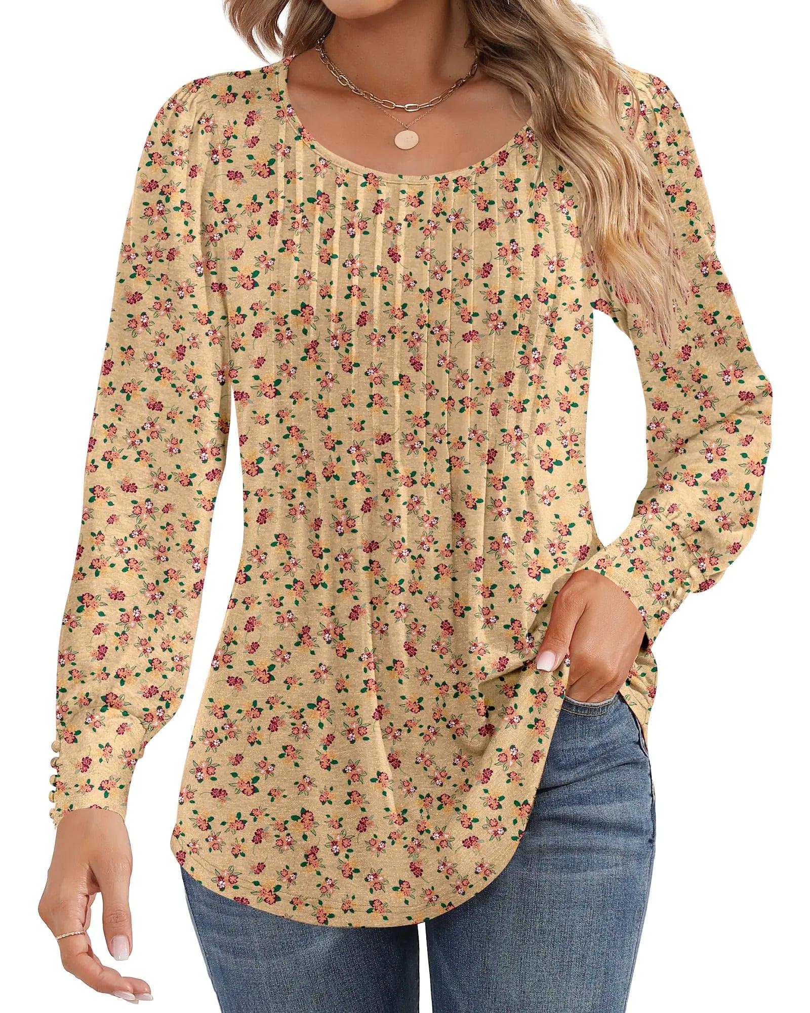 Ficerd Women's Puff Long Sleeve Tunic Tops Pleated Crew Neck Blouses Dressy Casual Loose Fit Fall and Winter Shirts Pink Floral Large - Evallys.com