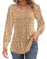 Ficerd Women's Puff Long Sleeve Tunic Tops Pleated Crew Neck Blouses Dressy Casual Loose Fit Fall and Winter Shirts Pink Floral Large - Evallys.com
