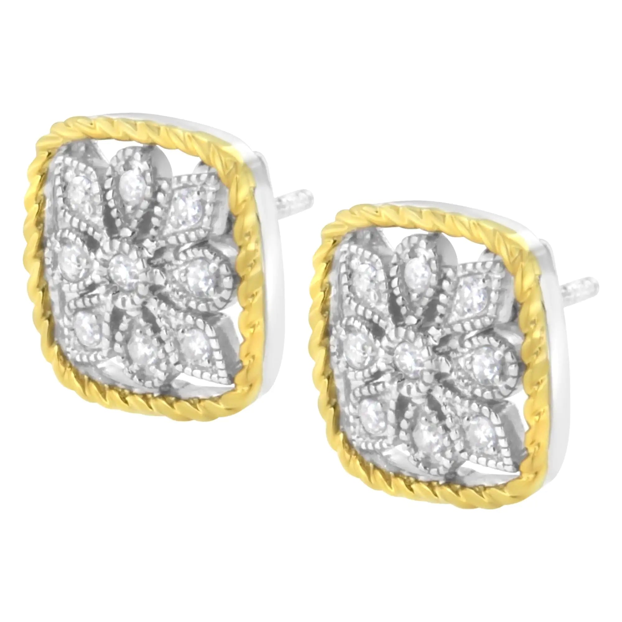 10K Yellow Gold Plated .925 Sterling Silver 1/4 cttw Diamond "Flower in a Box" Stud Earrings (I-J Color, I2-I3 Clarity) - Evallys.com # #