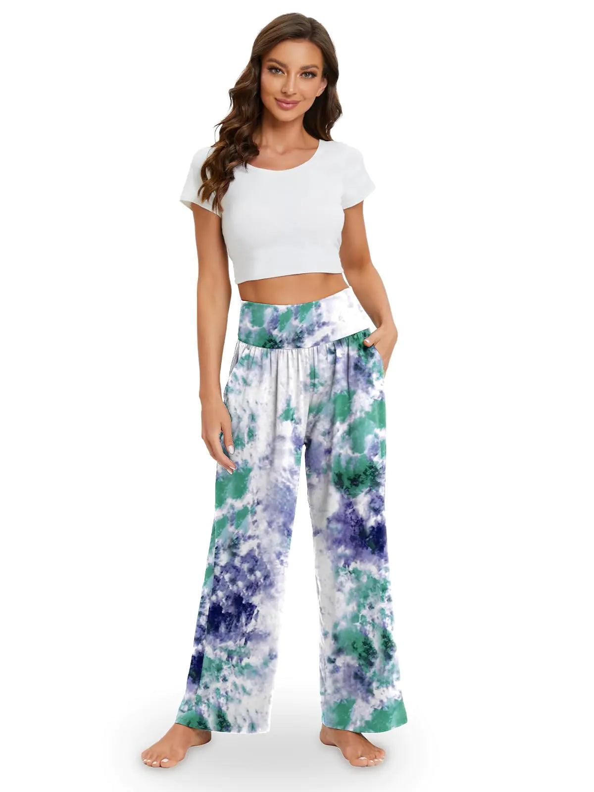 Gracyoga Wide Leg Yoga Pants for Women Casual Loose Cozy Sweatpants High Waisted Lounge Pajama Flowy Pants With Pockets C-tiedyegreen Large - Evallys.com # #