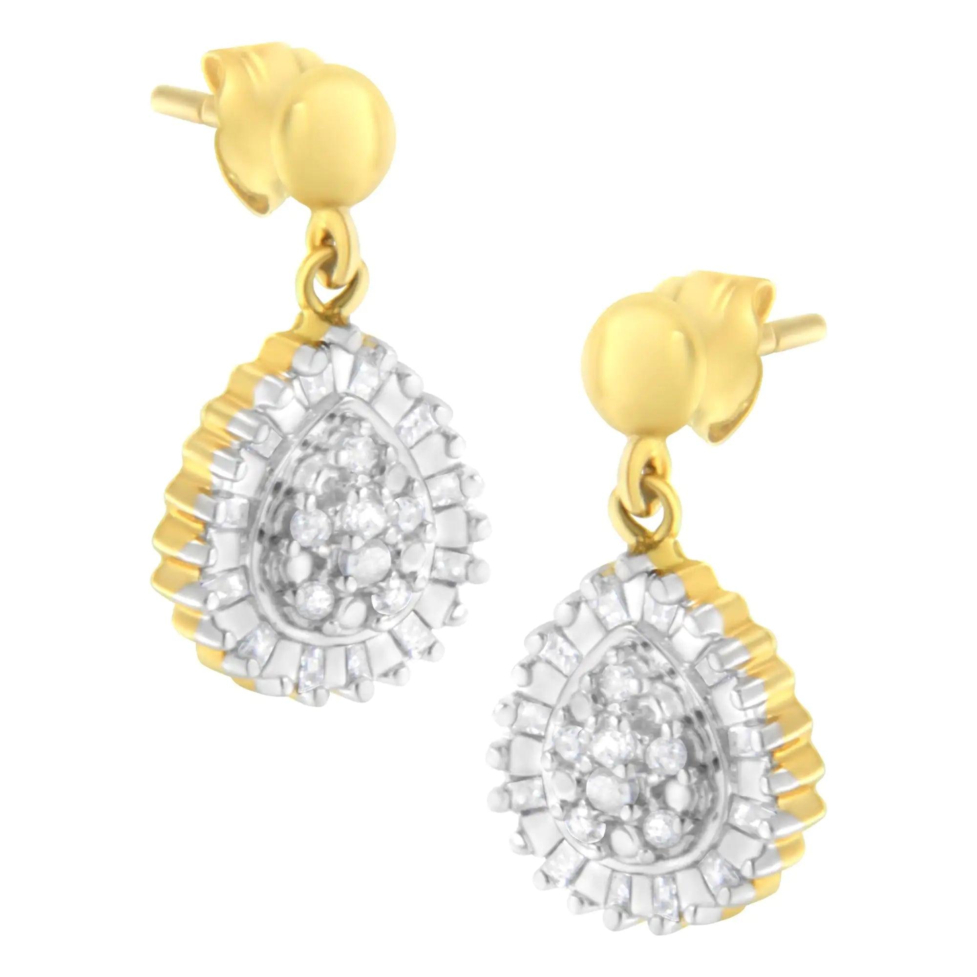 10K Yellow Gold 1/4 Cttw Round and Baguette-Cut Diamond Cluster Drop and Dangle Stud Earrings (I-J Color, I2-I3 Clarity) - Evallys.com # #