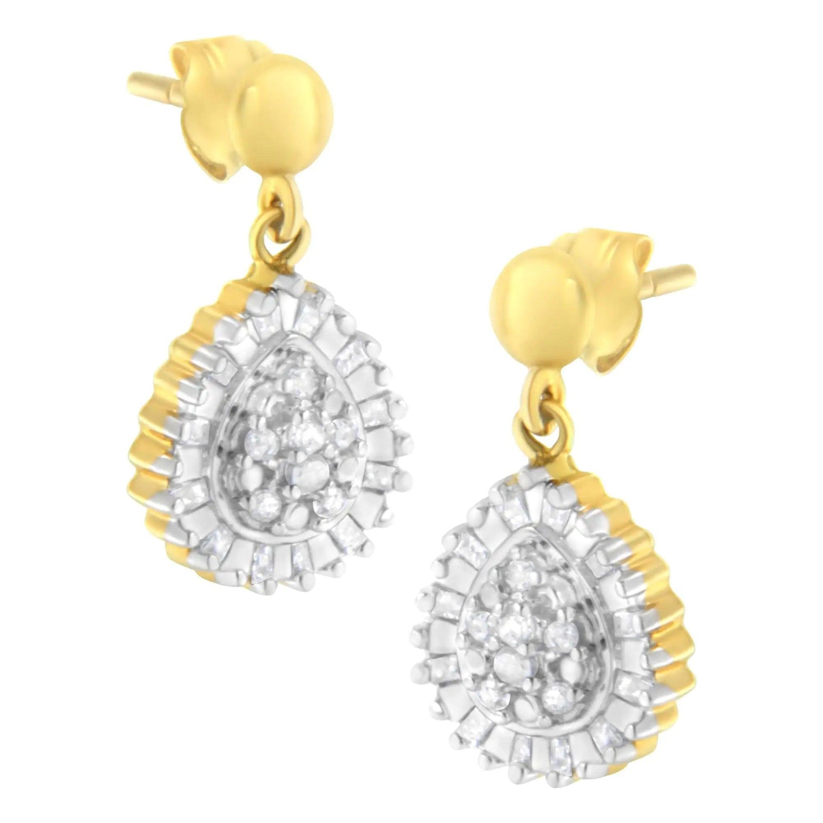 10K Yellow Gold 1/4 Cttw Round and Baguette-Cut Diamond Cluster Drop and Dangle Stud Earrings (I-J Color, I2-I3 Clarity) - Evallys.com # #