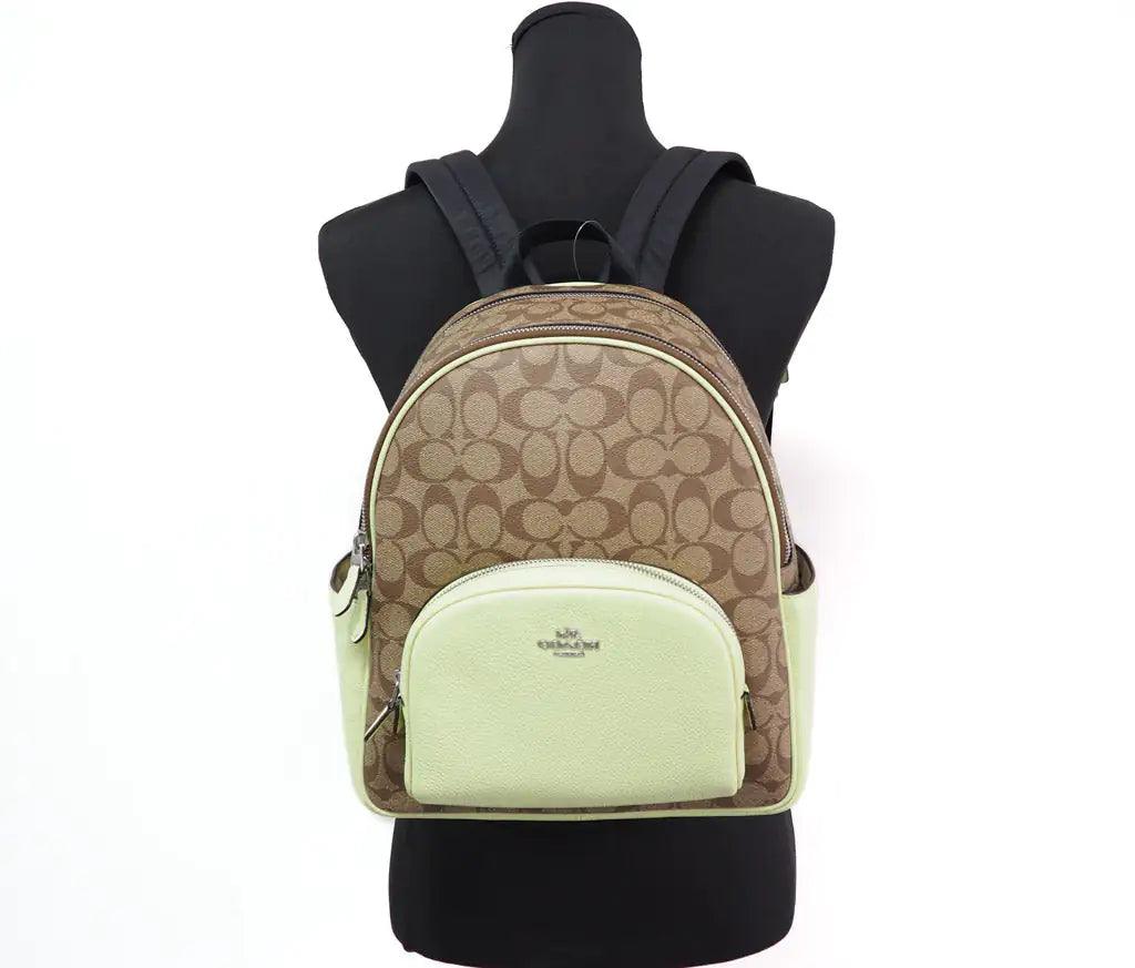 Coach Court Signature Leather Khaki Pale Lime Medium Backpack - Evallys.com # #