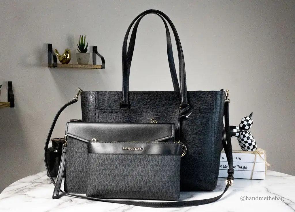 Michael Kors Maisie Large Black Pebbled Leather 3-in-1 Multifunctional Crossbody Clutch Tote Bag - Evallys.com # #