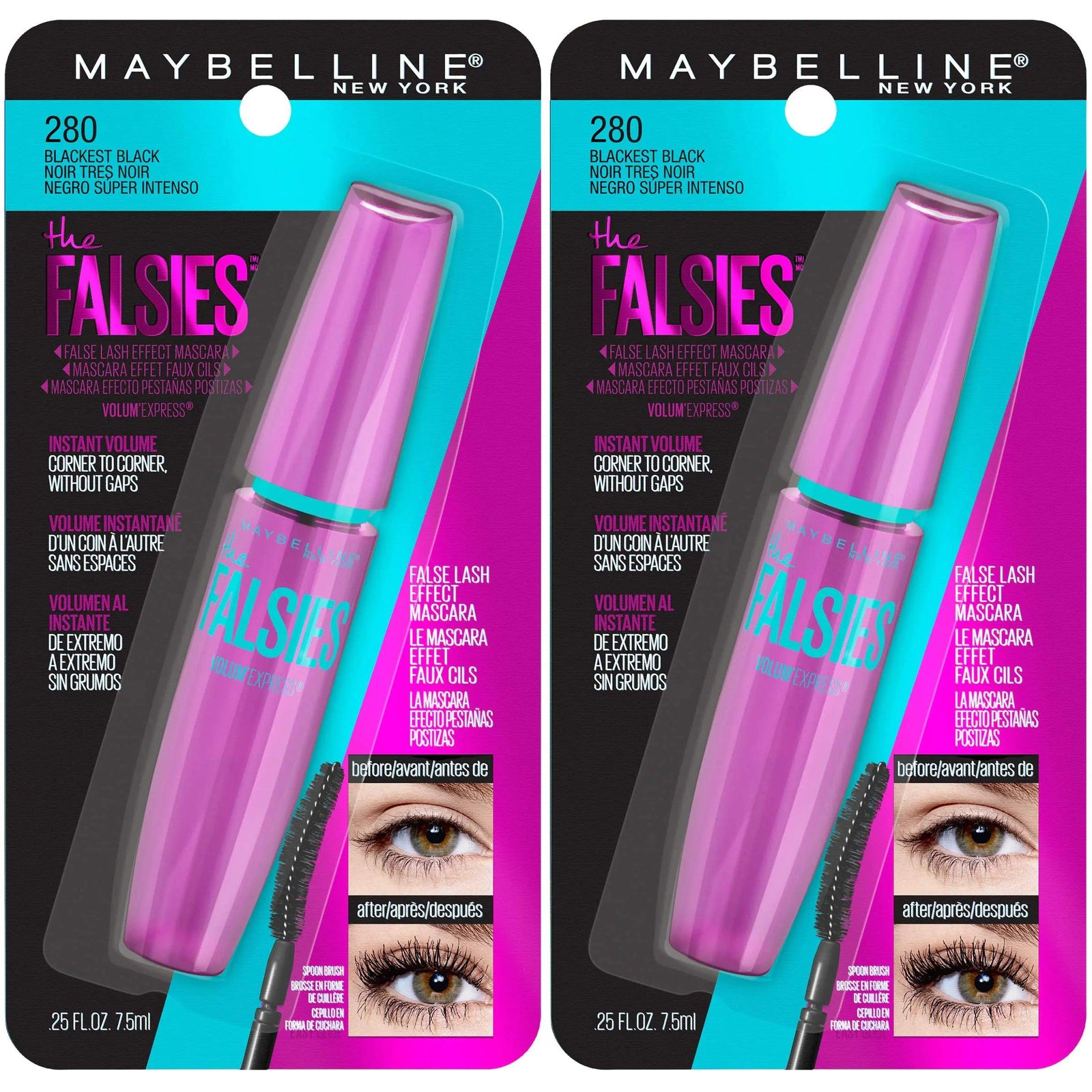 Maybelline Volum' Express Falsies Volumizing, Washable Mascara, Blackest Black, 2 Count 0.25 Fl Oz (Pack of 2) - Evallys.com # #