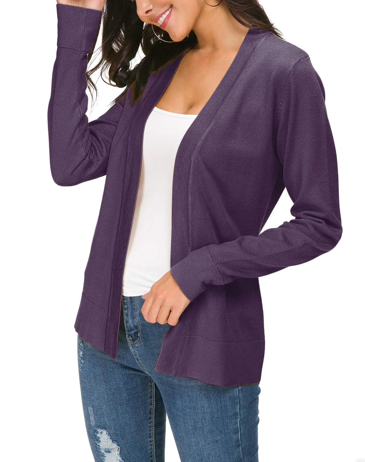 Urban CoCo Women's Long Sleeve Open Front Knit Cardigan Sweater Medium Purple - Evallys.com # #