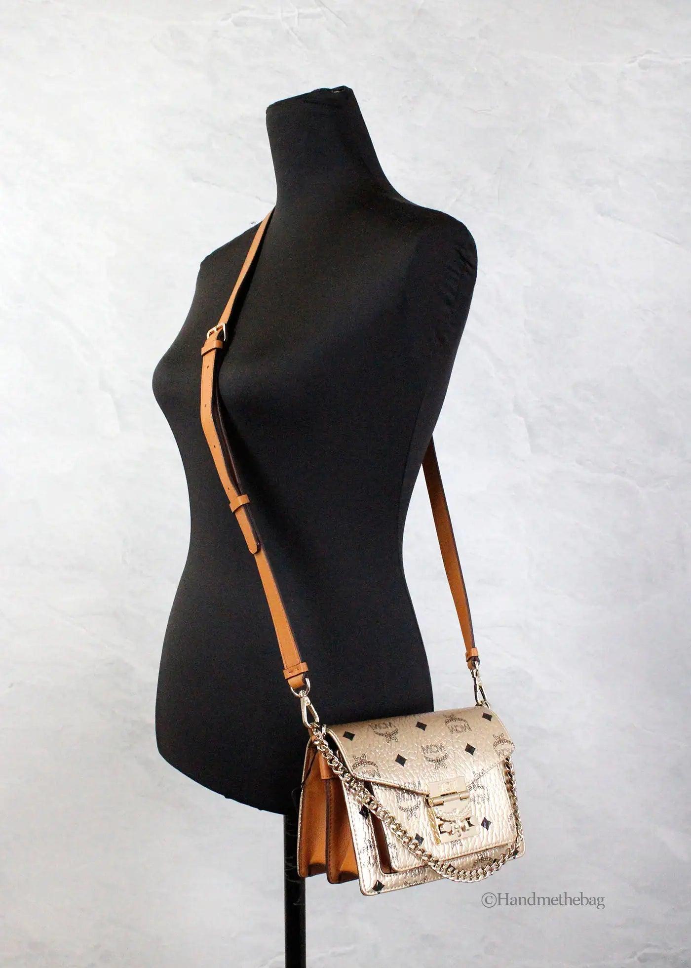 MCM Berlin Gold Leather Mini Flap Lock Crossbody Handbag - Evallys.com # #