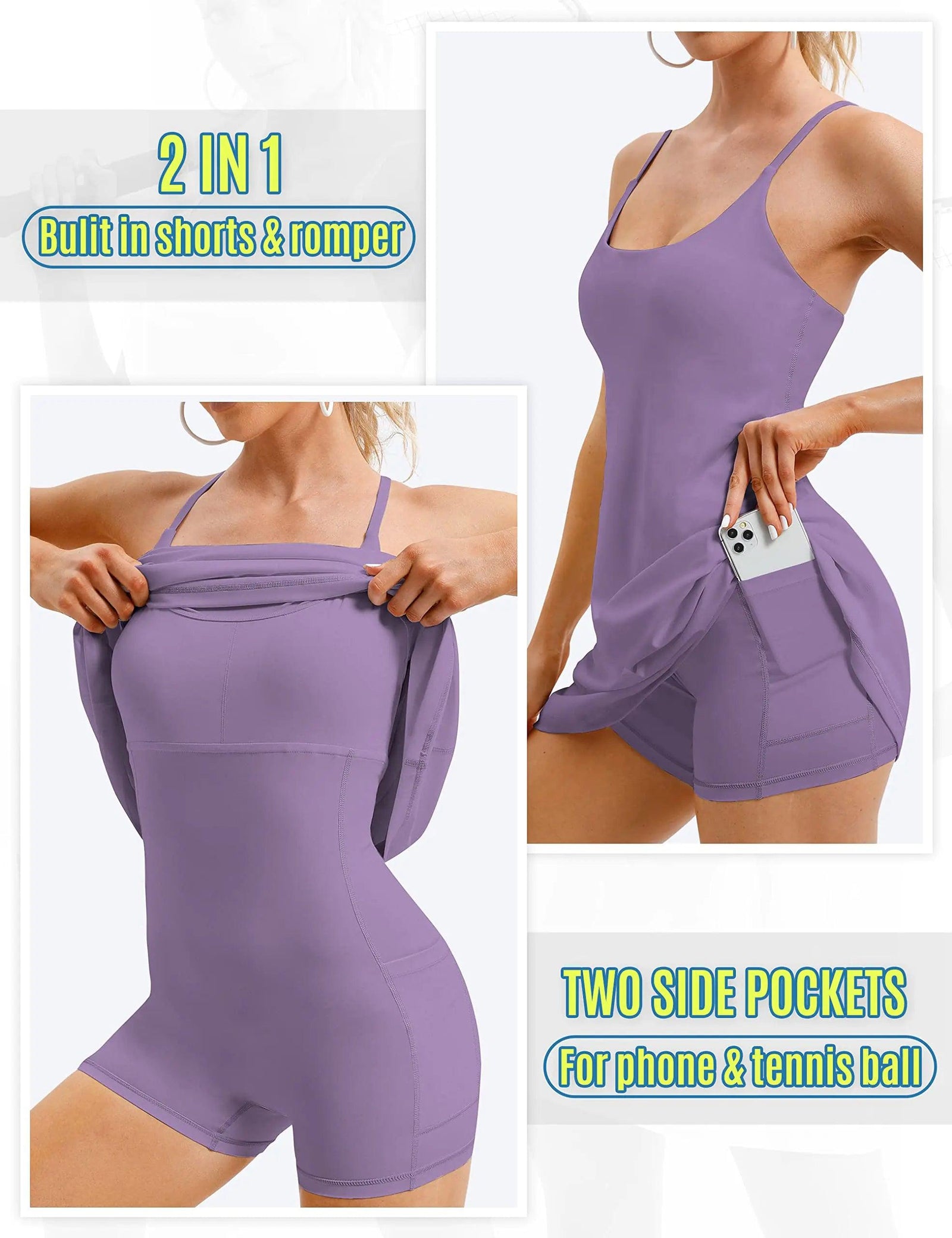 Womens Tennis Dress, Workout Dress with Built-in Bra & Shorts Pockets Summer Dress for Golf Athletic Dresses for Women Lavender Large - Evallys.com # #