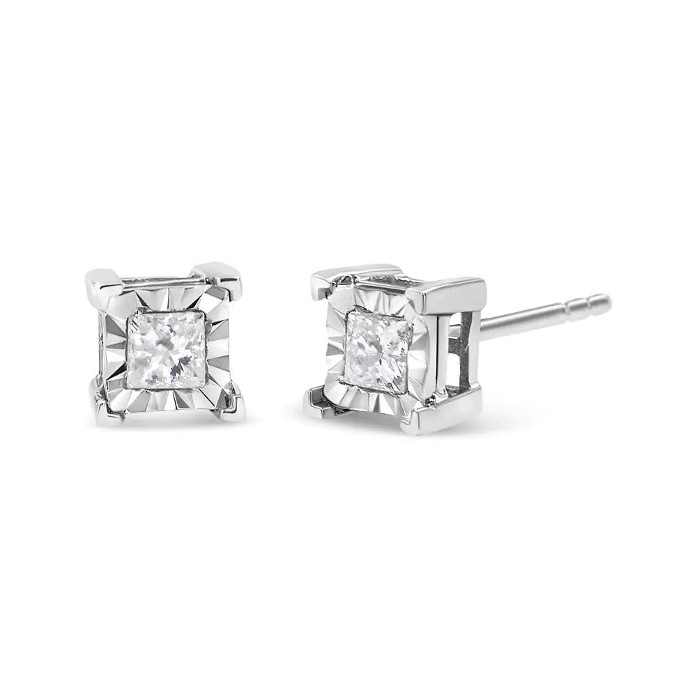 .925 Sterling Silver Miracle Set Princess-cut Diamond Solitaire Stud Earrings (H-I Color, SI2-I1 Clarity) - Evallys.com # #