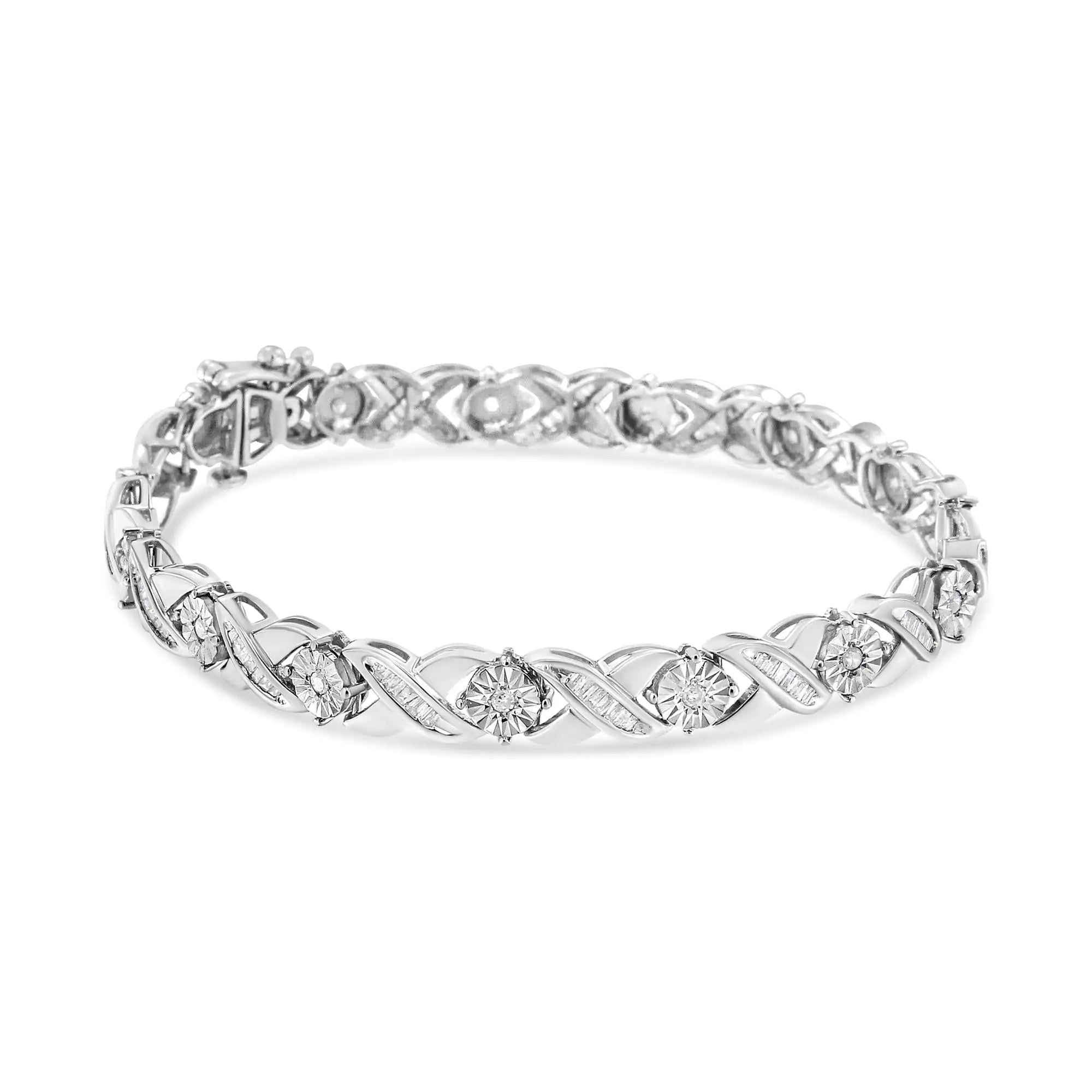 .925 Sterling Silver 1.0 Cttw Round-Brilliant and Baguette Cut Diamond Miracle-Set X-Link 7" Tennis Bracelet (I-J Color, I2-I3 Clarity) - Evallys.com # #