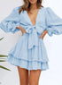 Dokotoo Womens Fall Fashion 2024 Deep V Neck Knotted Tiered Chiffon Elegant Mini Short Swing Skater Dress Wedding Guest Dress Small 3 Blue - Evallys.com # #