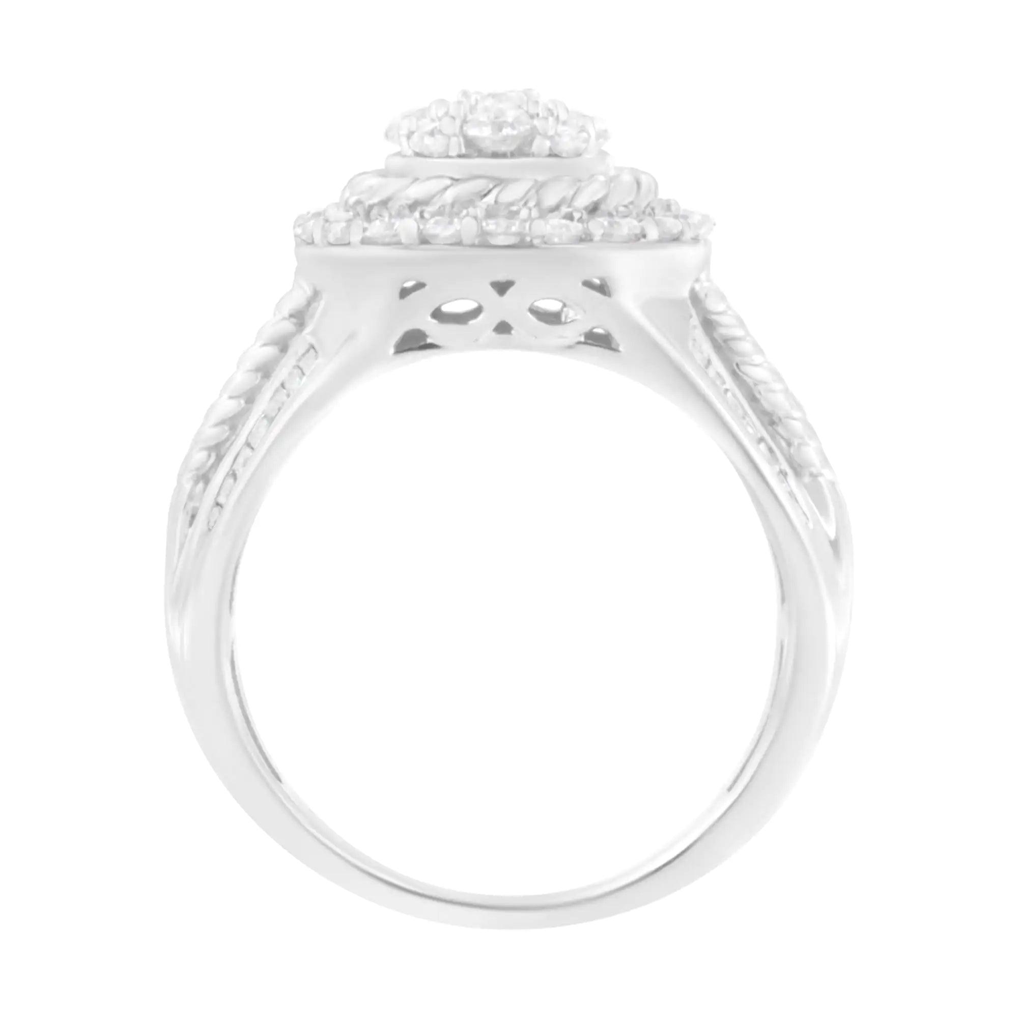 .925 Sterling Silver 1 cttw Baguette and Round-Cut Diamond Halo and Lariat Cocktail Floral Ring (H-I Color, I2-I3 Clarity) - Evallys.com # #