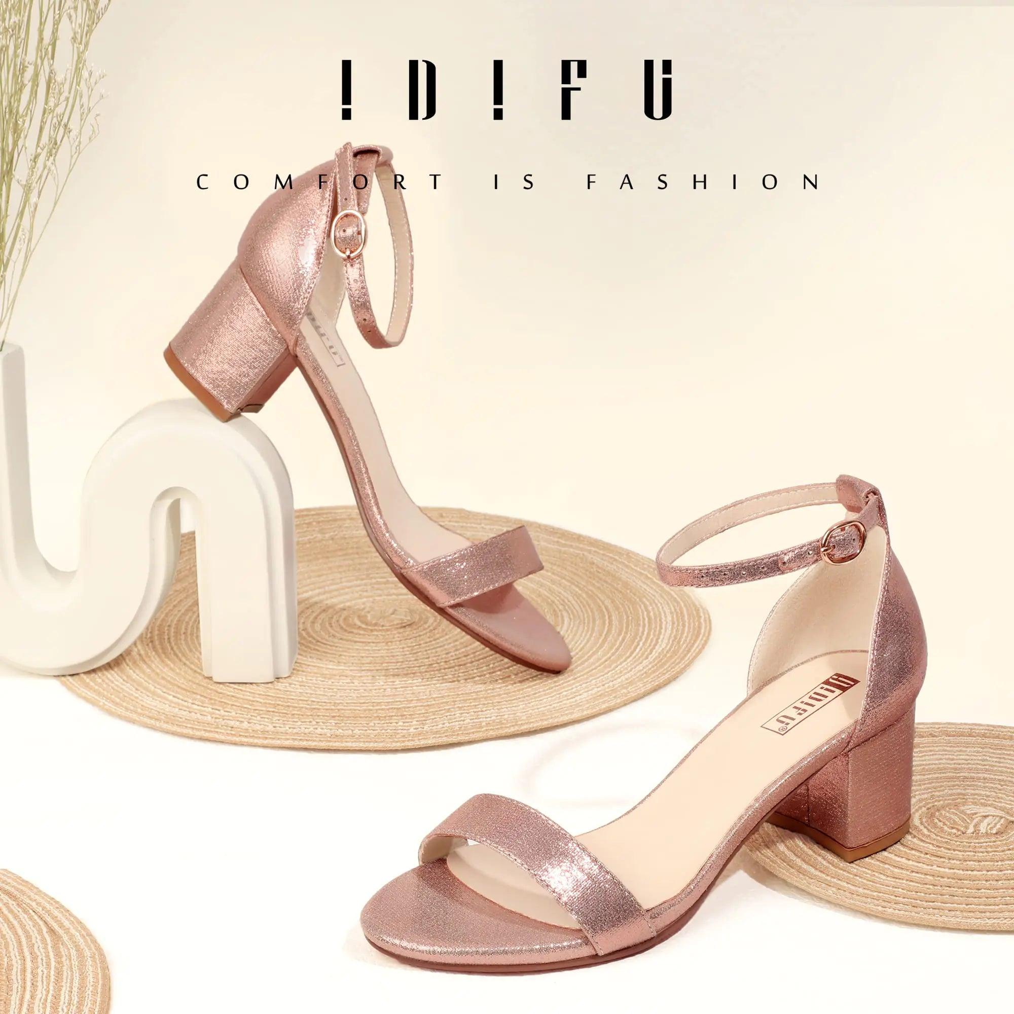 IDIFU Women's Cookie-LO Low Block Heels Chunky Sandals Ankle Strap Wedding Dress Pump Shoes 10 Cookielo Rose Gold Shiny - Evallys.com # #