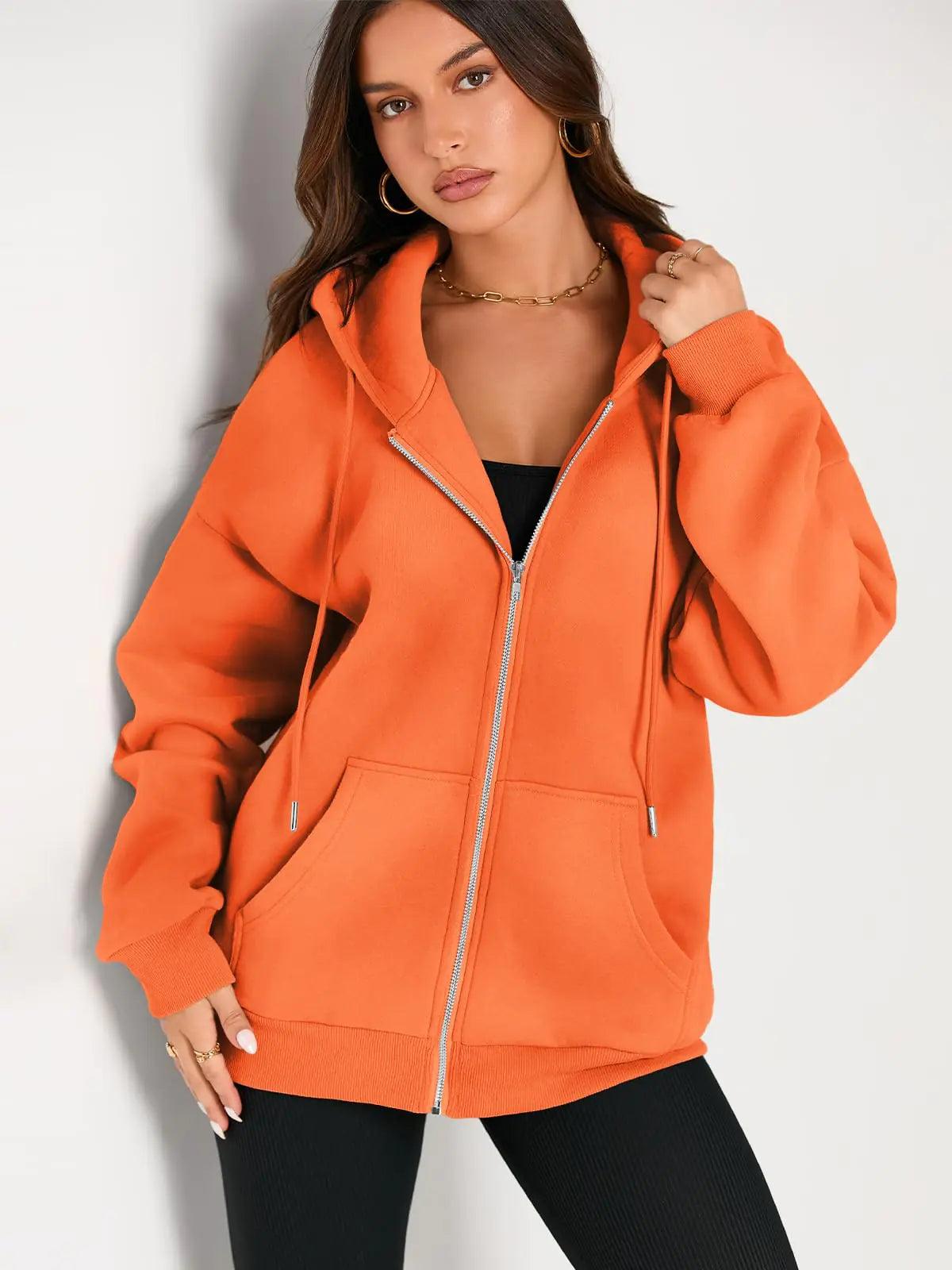 EFAN Women's Drawstring Zip Up Cute Hoodies Fall Jacket Oversized Casual Sweatshirts with Pocket X-Small Orange - Evallys.com # #