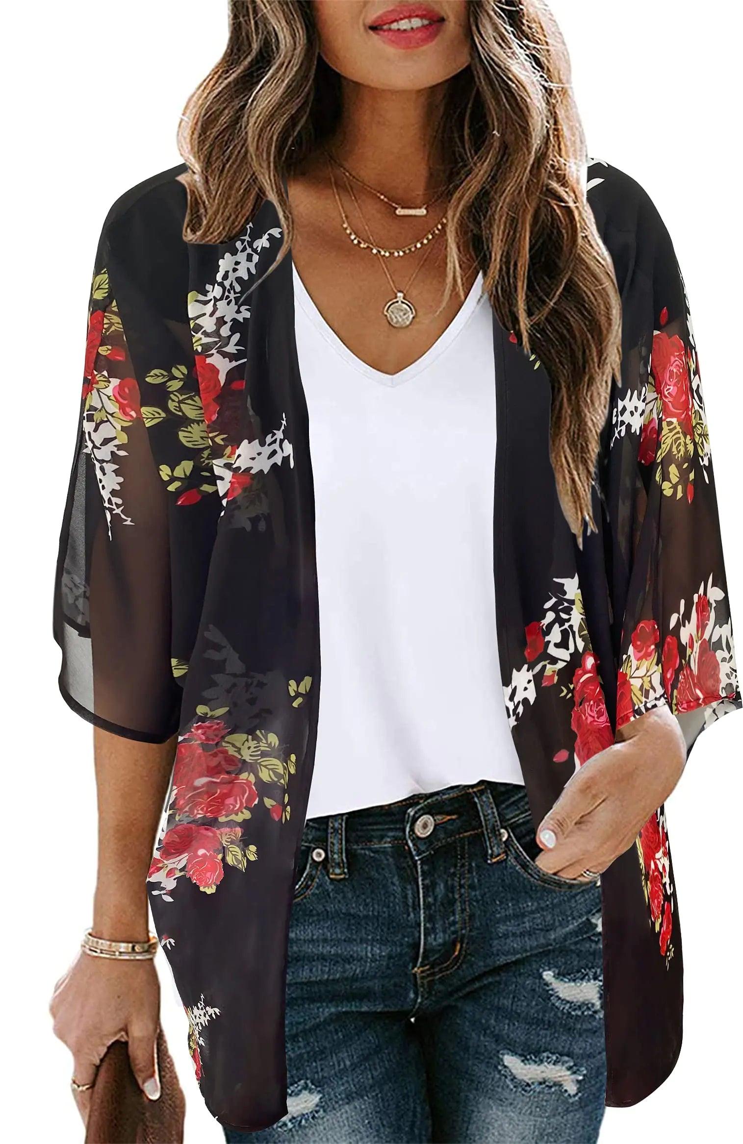 Women's Floral Print Puff Sleeve Kimono Cardigan Loose Cover Up Casual Blouse Tops Small Orange Black - Evallys.com