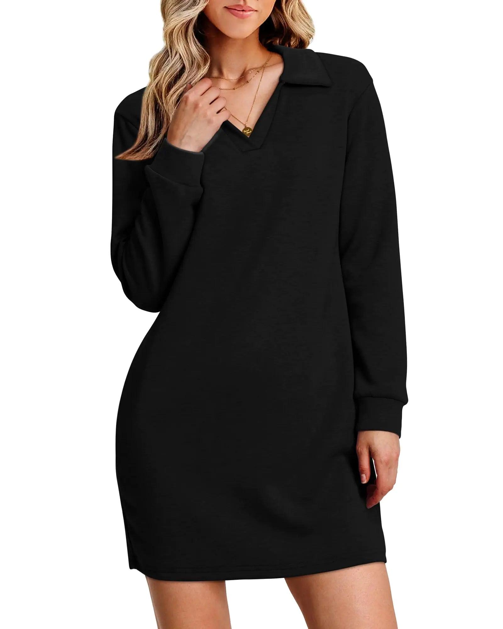 WIHOLL Womens Long Sleeve Lapel Collared V Neck Sweatshirt Dress Loose Fit Solid Color Mini Dresses Fall 2024 Black Large - Evallys.com # #