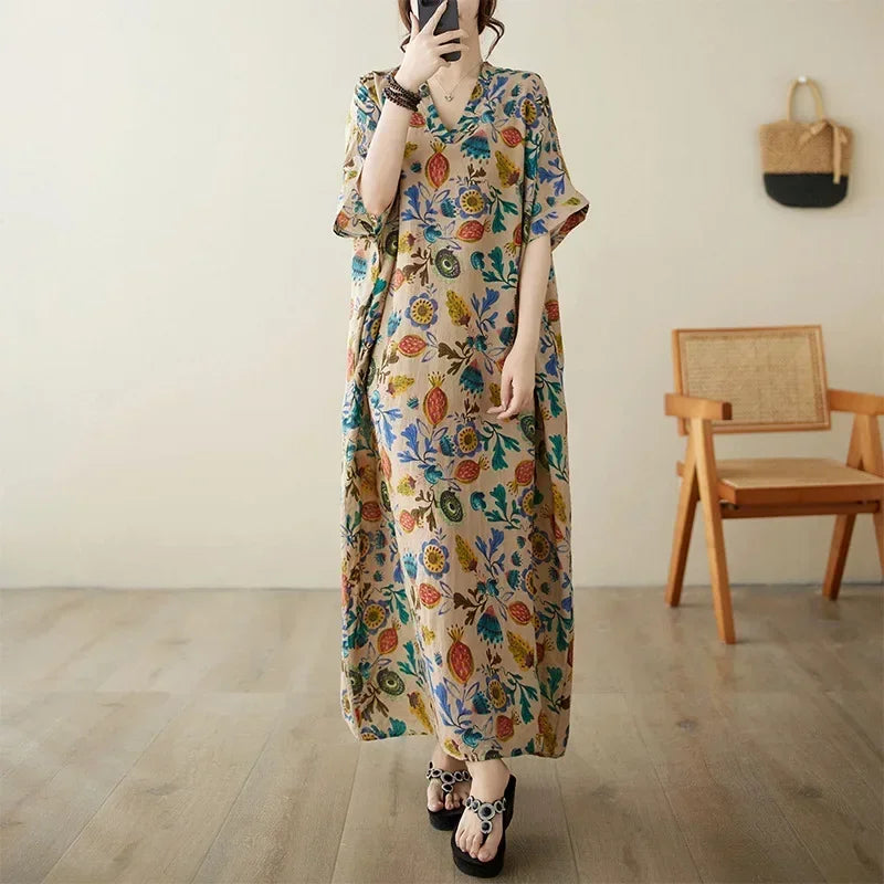 Vintage Cotton Summer Maxi Dress – Harajuku Floral Beachwear - Evallys.com