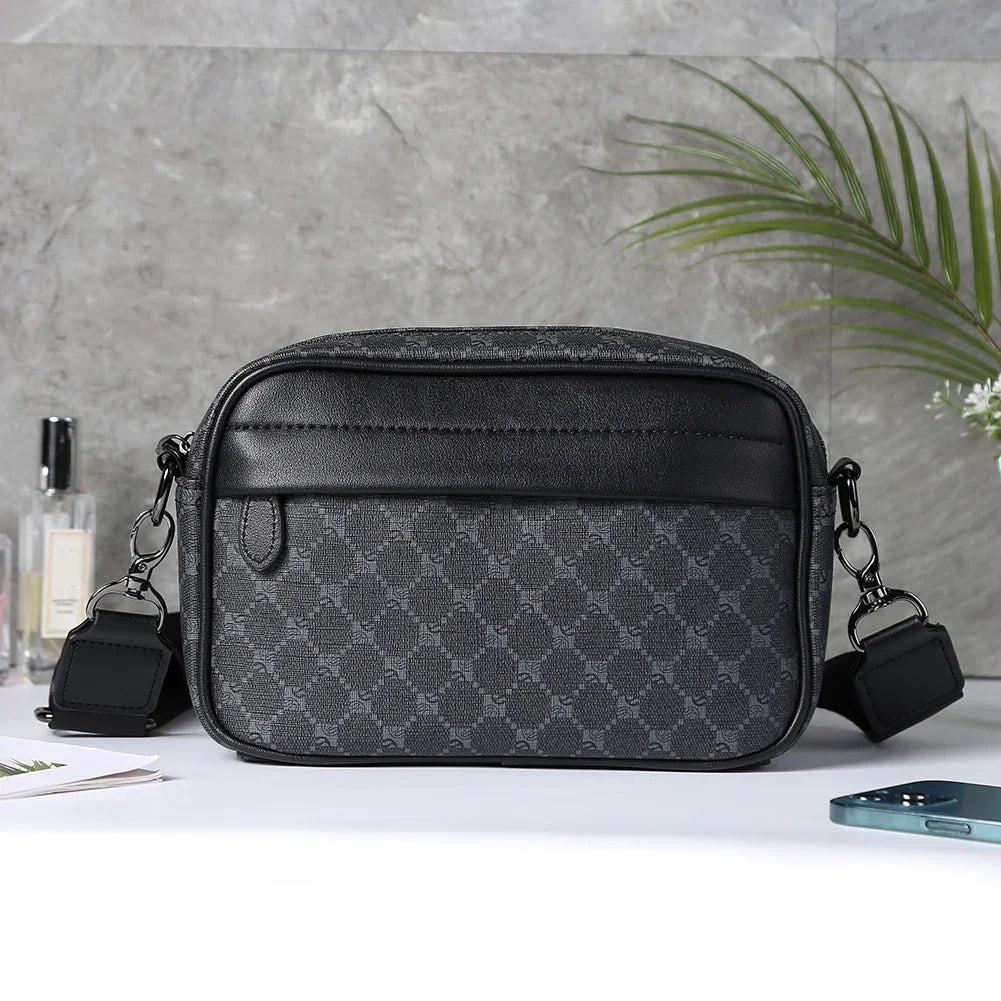 Leather Fashion Crossbody Bag Classic Pattern Casual Business Men Shoulder Crossbody Bag Wide Strap Small Square for Travel Work - Evallys.com