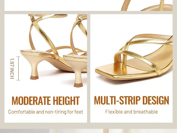 Women's Strappy Kitten Heels Square Toe Flip Flops Low Heels Ankle Strap Party Dress Thong Heeled Sandals - Evallys.com