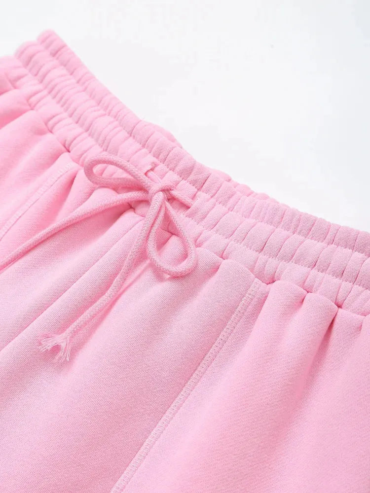 TRAF 2024 Spring Female Casual Hoodies Zipper Coats+Elastic Waist Baggy Pants 2 Pieces Set Elegant Loose Solid Pink Grey Pants - Evallys.com