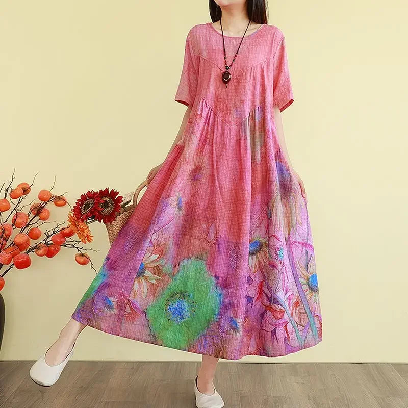 Retro Cotton Linen Dress – Summer Print Loose Long Maxi Dress - Evallys.com