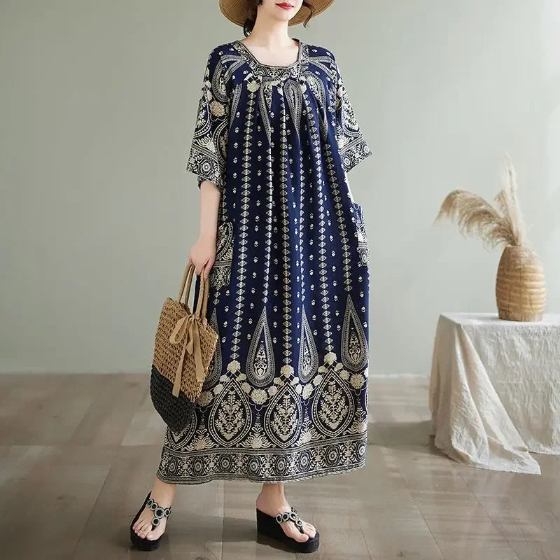 Summer Ethnic Print Dress with Pockets – Loose Mid-Calf Casual Wear - Evallys.com