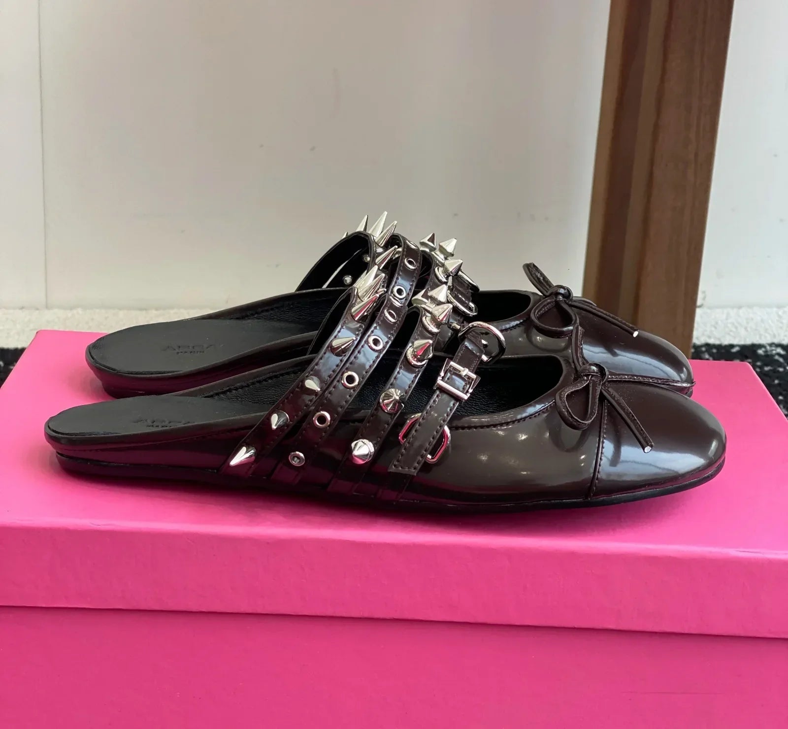 Women’s Spike Ballerina Flats – Genuine Leather Slip-On Punk Mules - Evallys.com